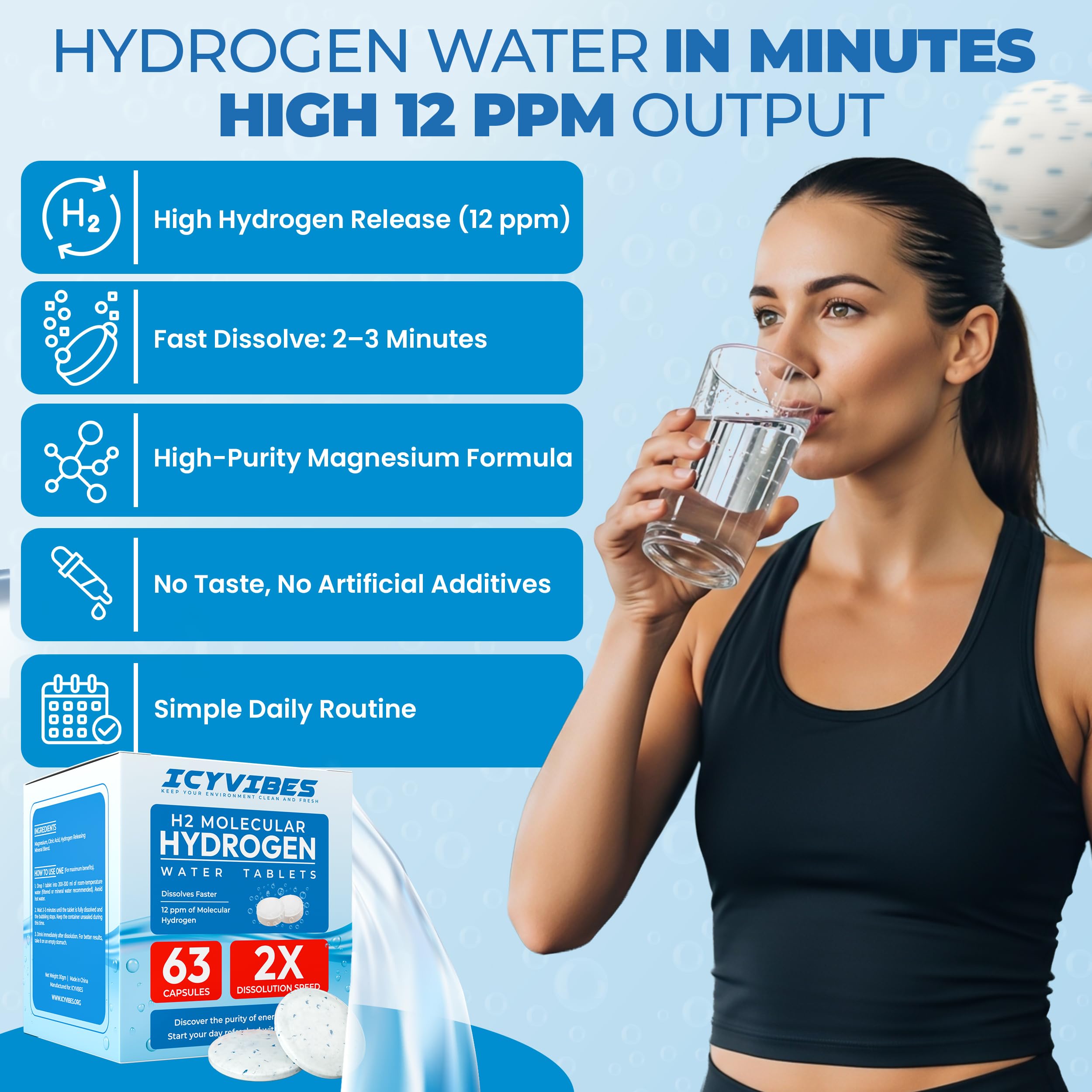 ICYVIBES: emballage voyage tablettes eau hydrogène, pratique en déplacement.