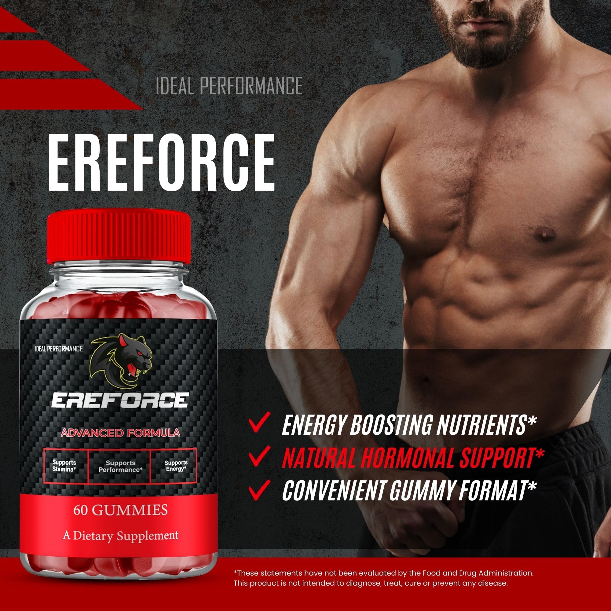 Boîte Ereforce Gummies, emballage pratique et compact pour le voyage.