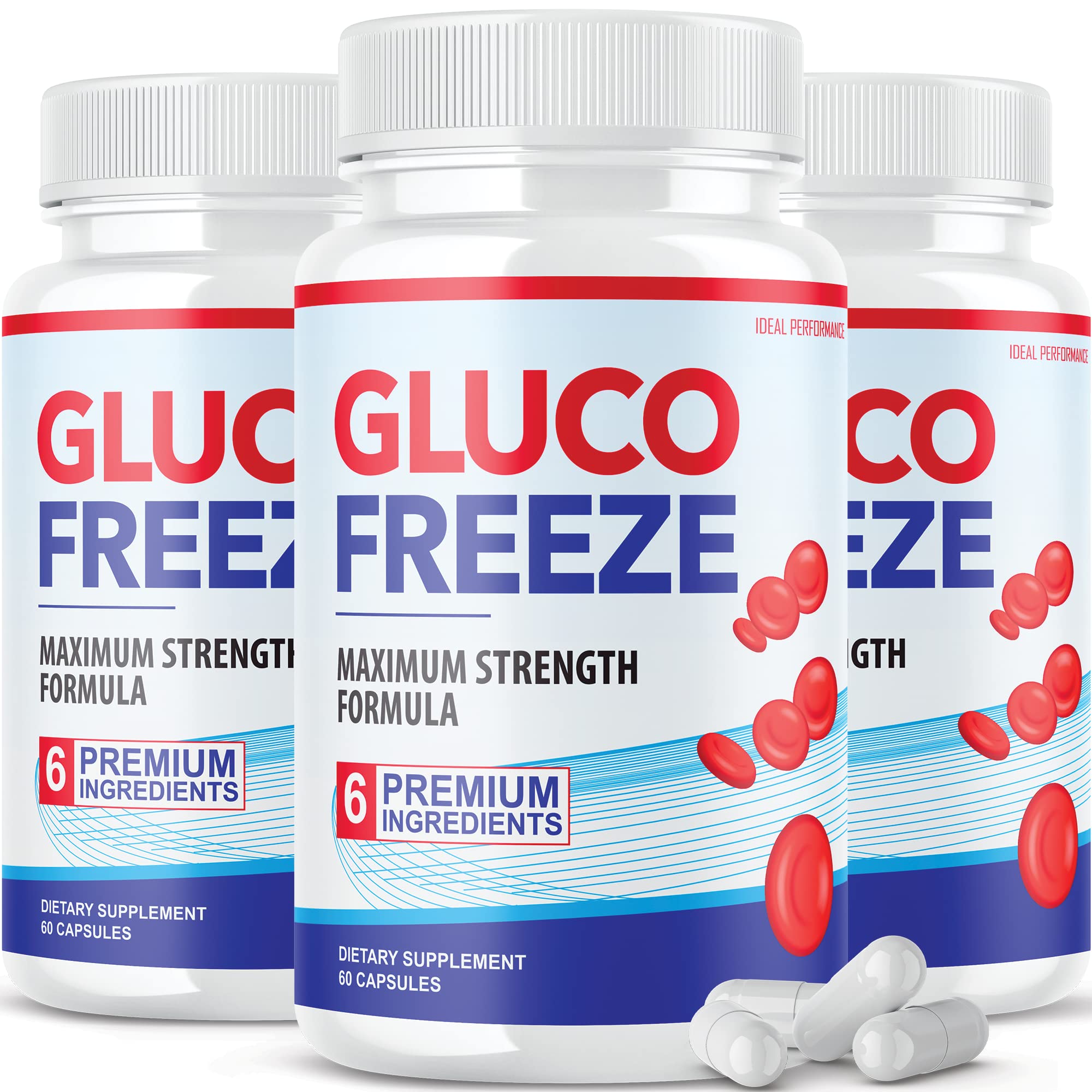 GlucoFreeze IDEAL PERFORMANCE: capsules visibles, soutien potentiel au quotidien pour le bien-être.