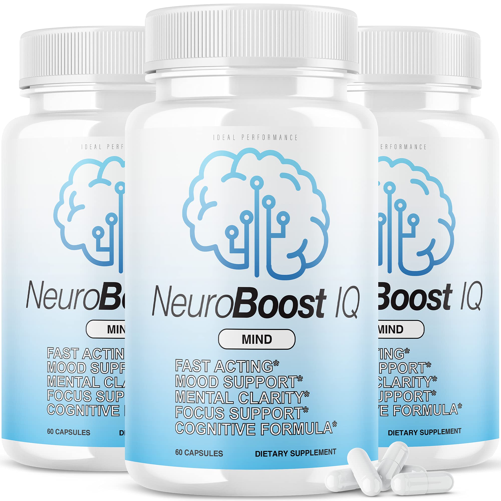 IDEAL PERFORMANCE Neuro Boost IQ capsules visibles, soutien potentiel à la concentration pendant les études.