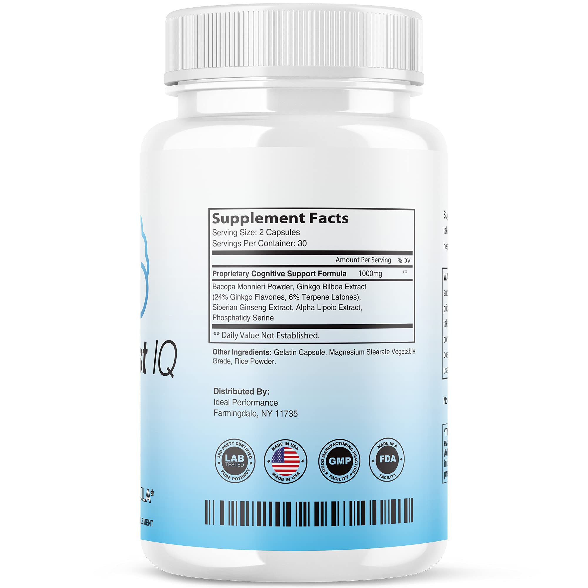 IDEAL PERFORMANCE Neuro Boost IQ — capsules en gros-plan, pour nourrir concentration et clarté.