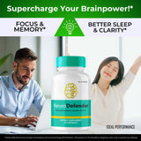 Boîte et comprimés Neuro Defender sur plan de consommation quotidienne.