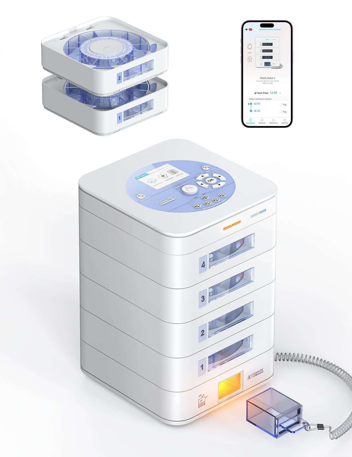 Ideerfit distributeur de pilules avec 4 tiroirs pour 56 jours dans une configuration compacte.