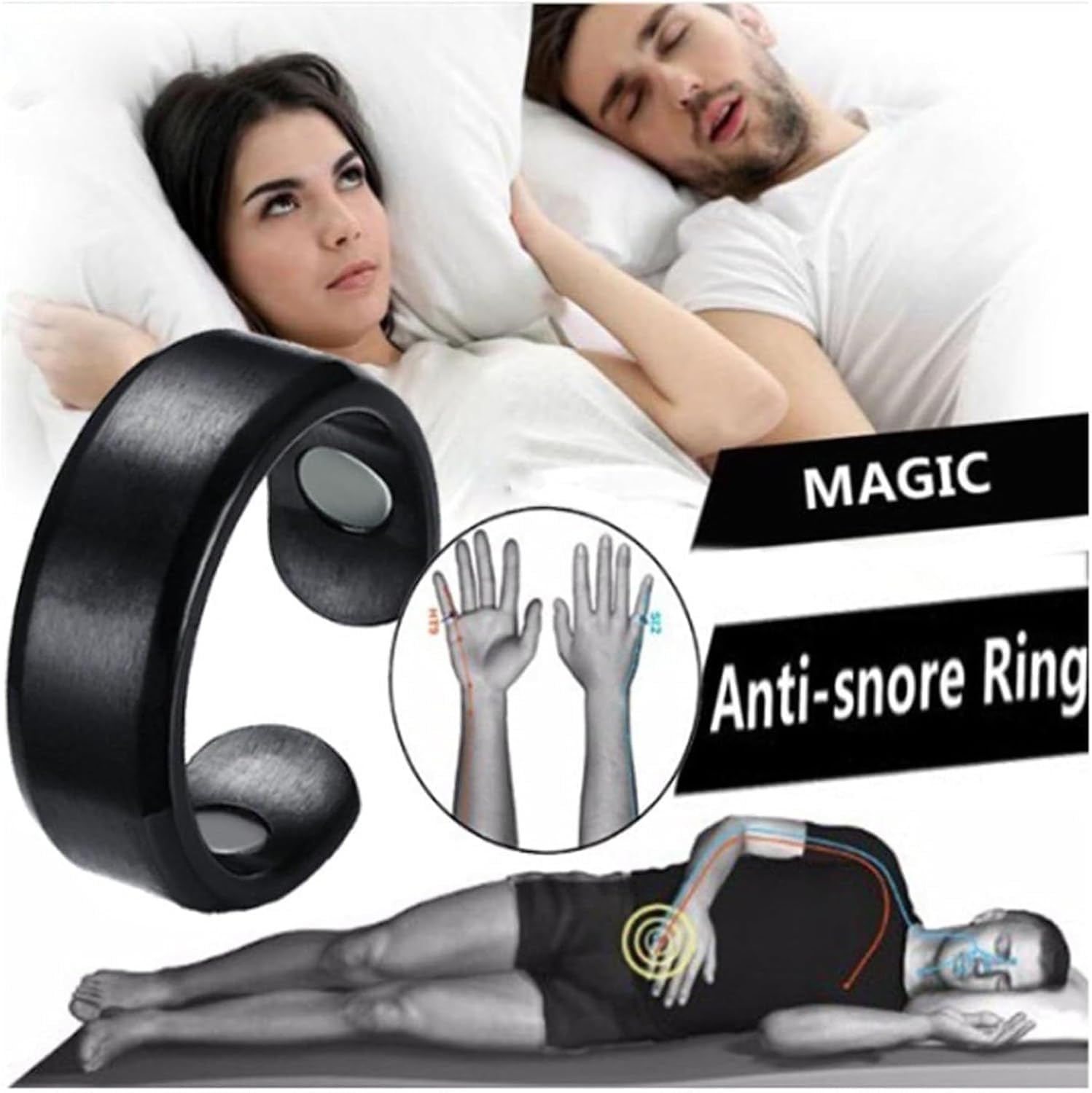Bague anti-ronflement IENRGJ sur doigt, potentielle amélioration de la respiration nocturne.