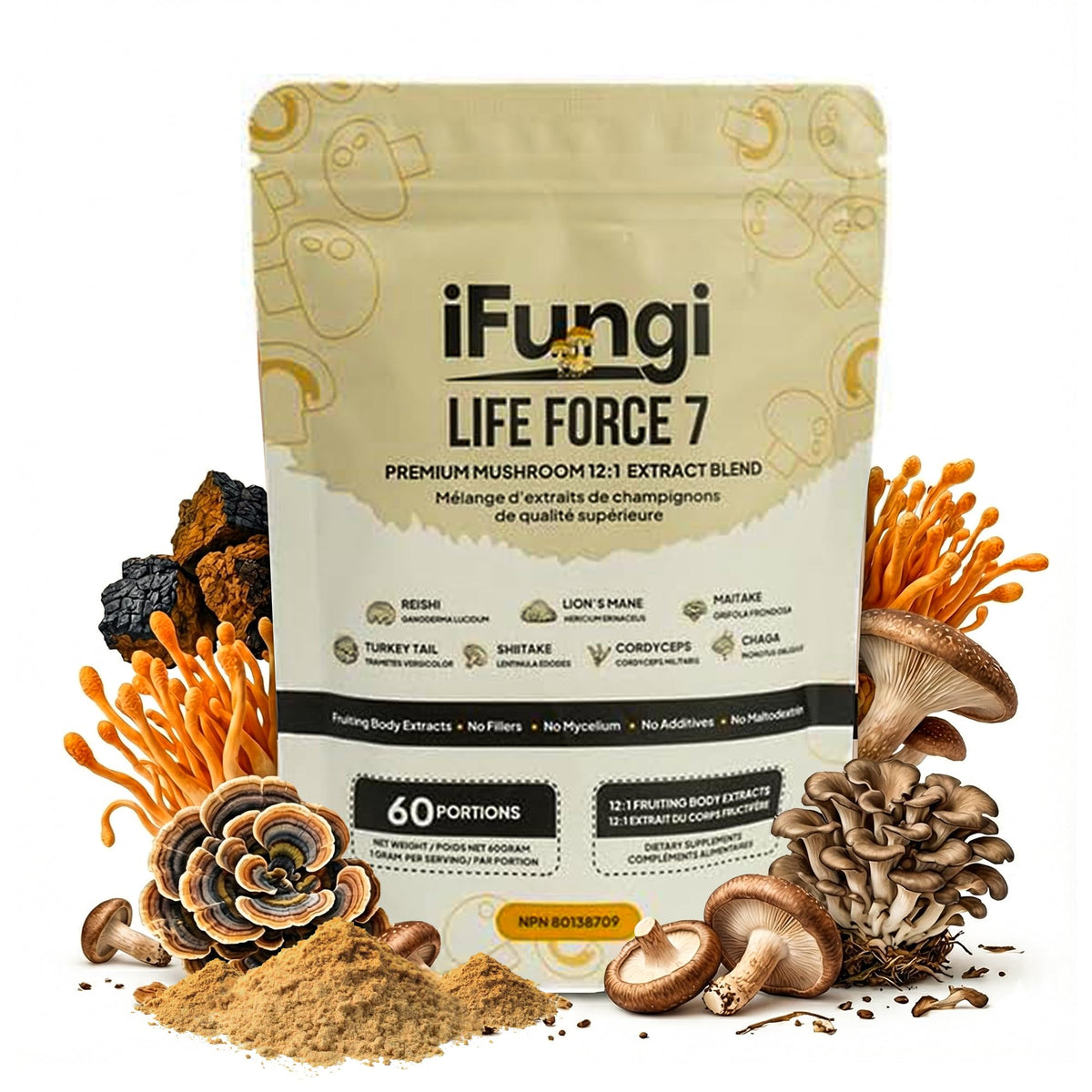 iFungi Life Force 7: bouteille sur table pour une utilisation quotidienne.