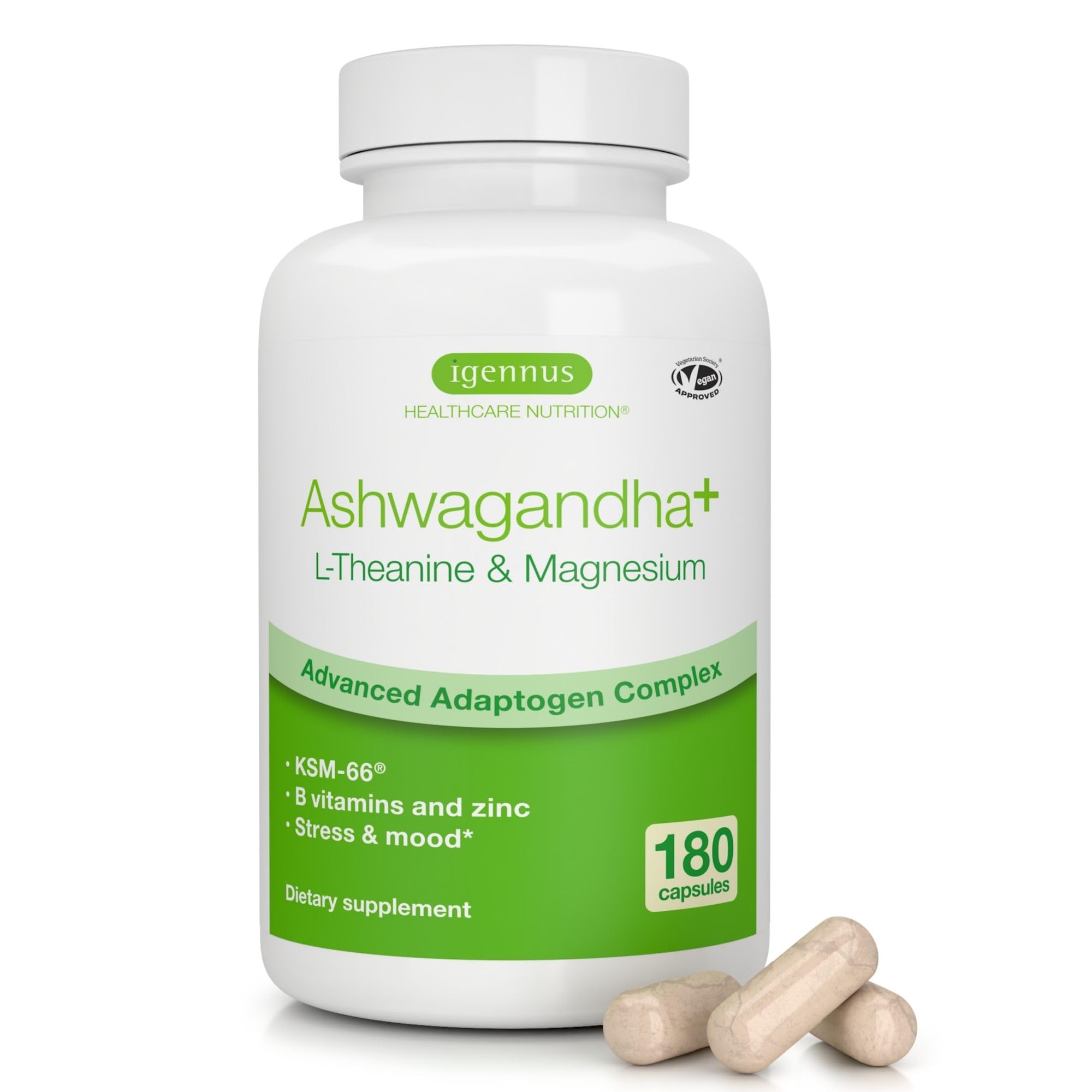 Igennus Ashwagandha KSM-66, bouteille: soutien calme et concentration naturelle.