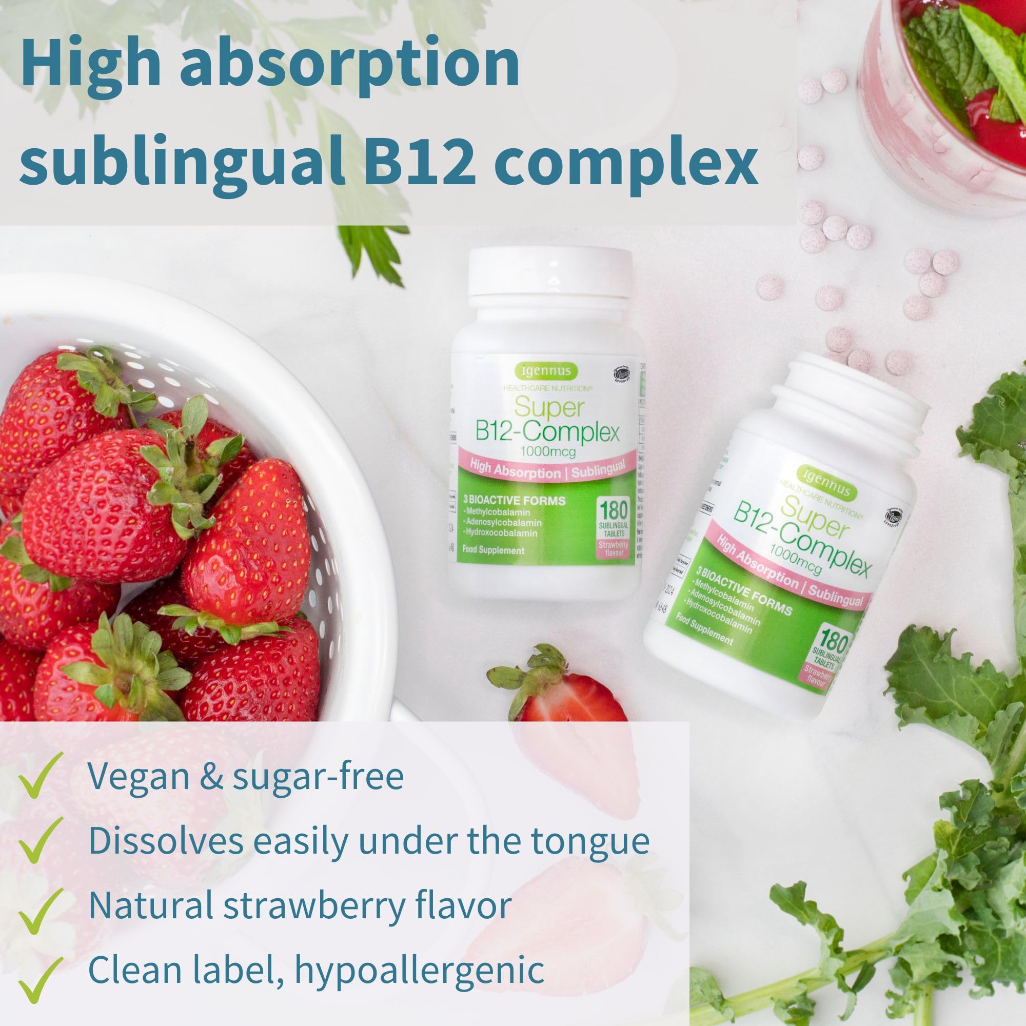 Igennus B12 Complex comprimés sublinguaux minuscules, dissolution facile sous la langue.