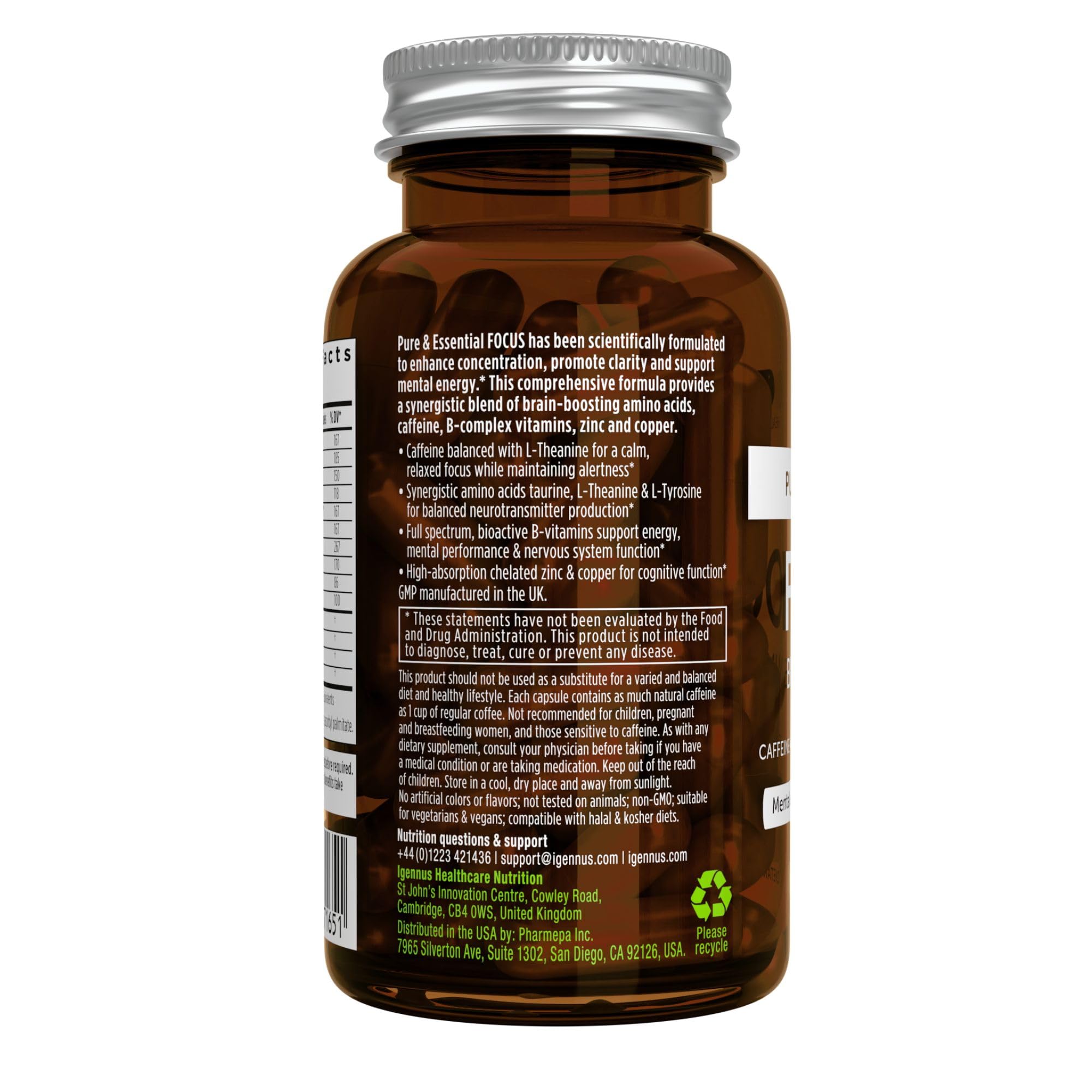 Igennus Focus - liste d ingrédients montrant vitamines B méthylées et minéraux.
