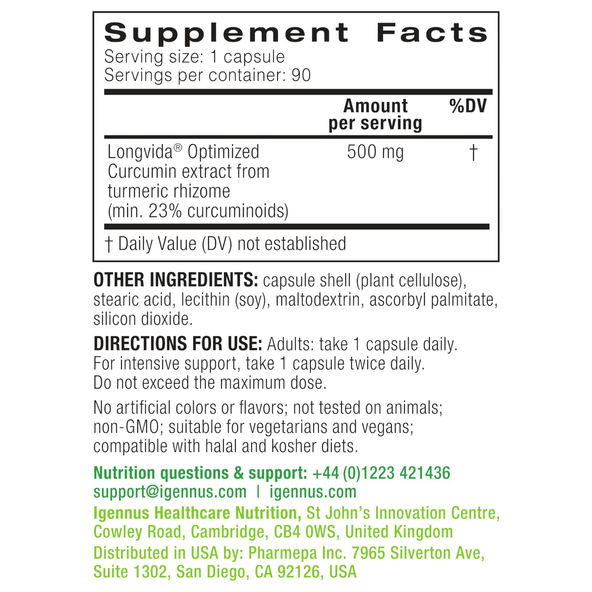 Igennus Longvida Curcumin 500mg – etiquette: compatible halal et casher, sans lactose ni gluten.