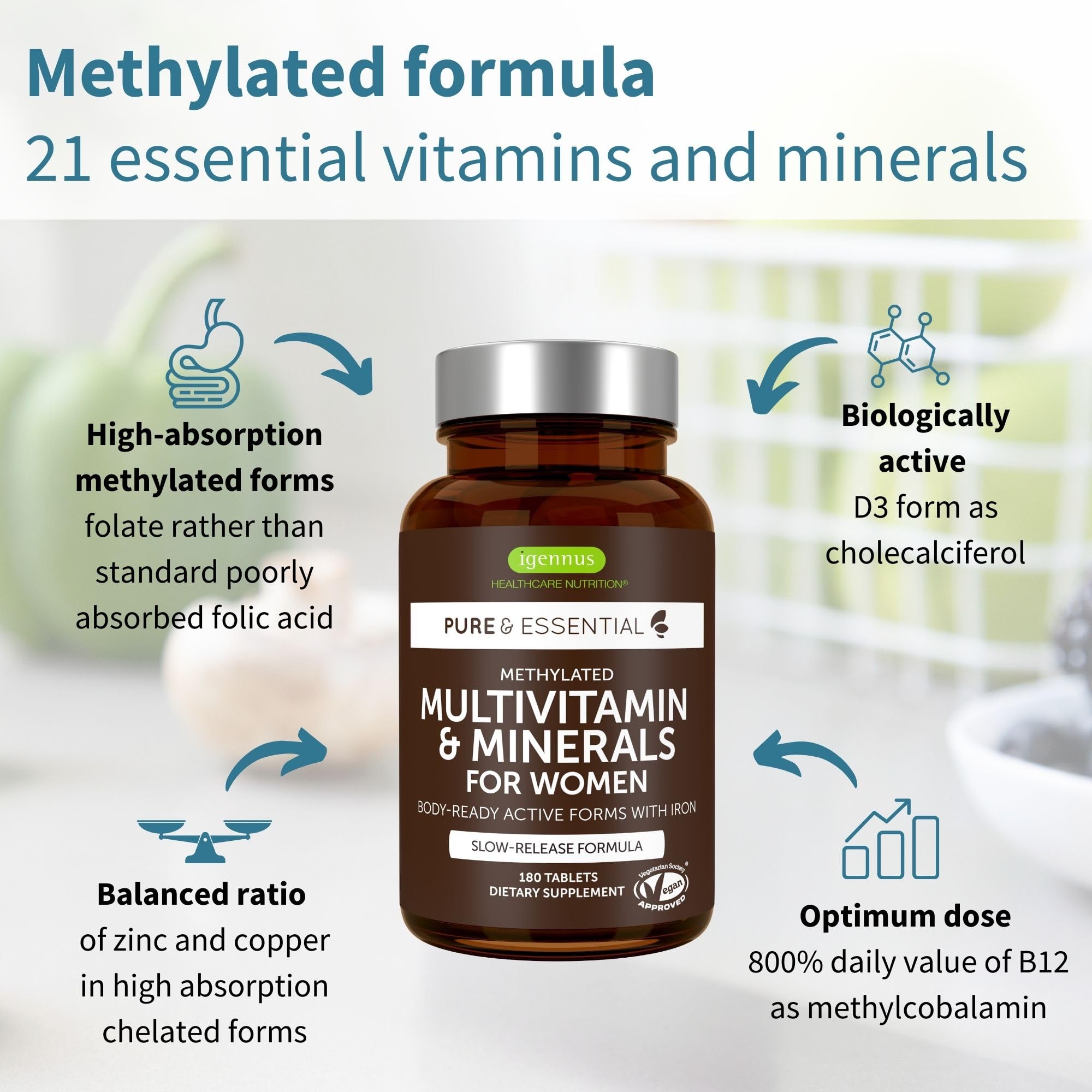 Igennus Minéraux chelatés, fer et zinc, tablettes, énergie et vitalité quotidiennes.