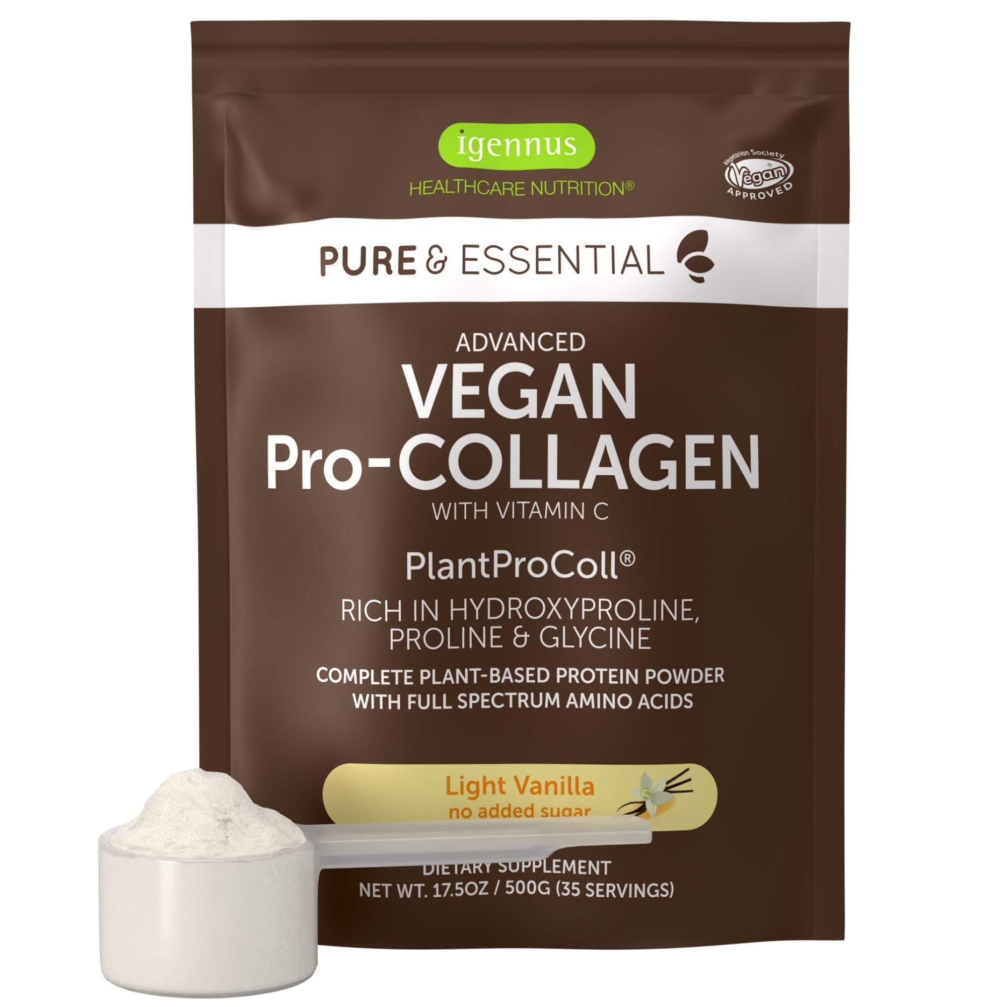 Igennus Poudre collagene vegan vanille dans sa bouteille, goût agréable et pratique.