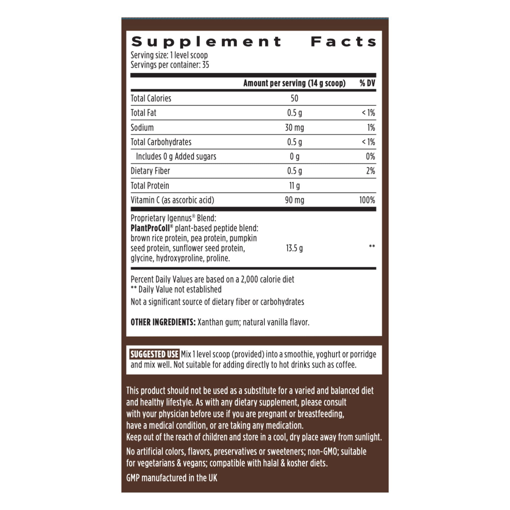 Igennus 11 g protéines et 1 g BCAA par portion.