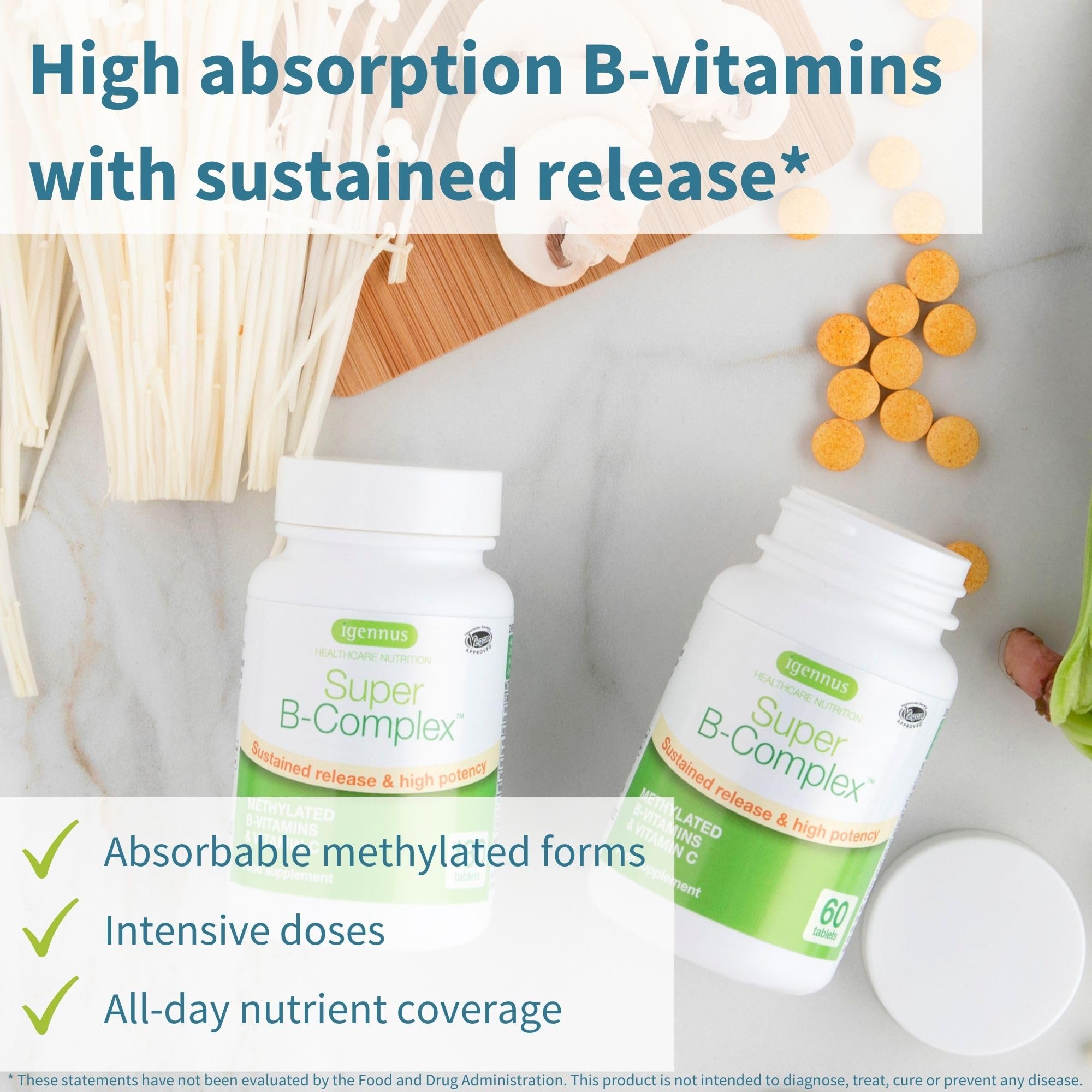 Igennus Super B-Complex, comprimés, étiquette indiquant vitamines méthylées biodisponibles.