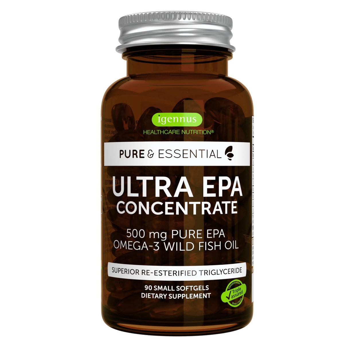Igennus Ultra Pure Omega-3: bouteille claire et gélules faciles à avaler pour le quotidien.