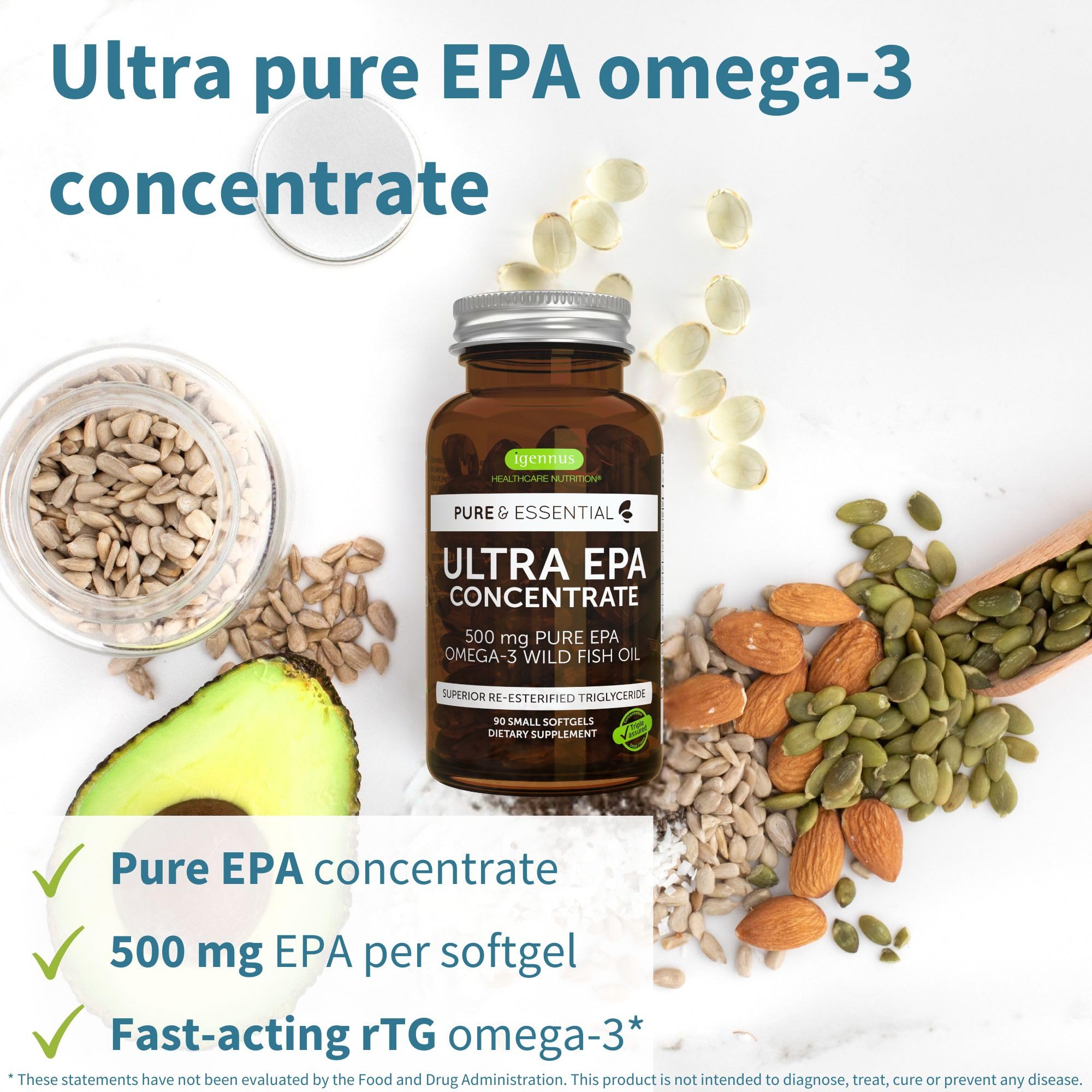 Igennus Ultra Pure Omega-3: étiquette lisible et bouchon facile à manipuler.