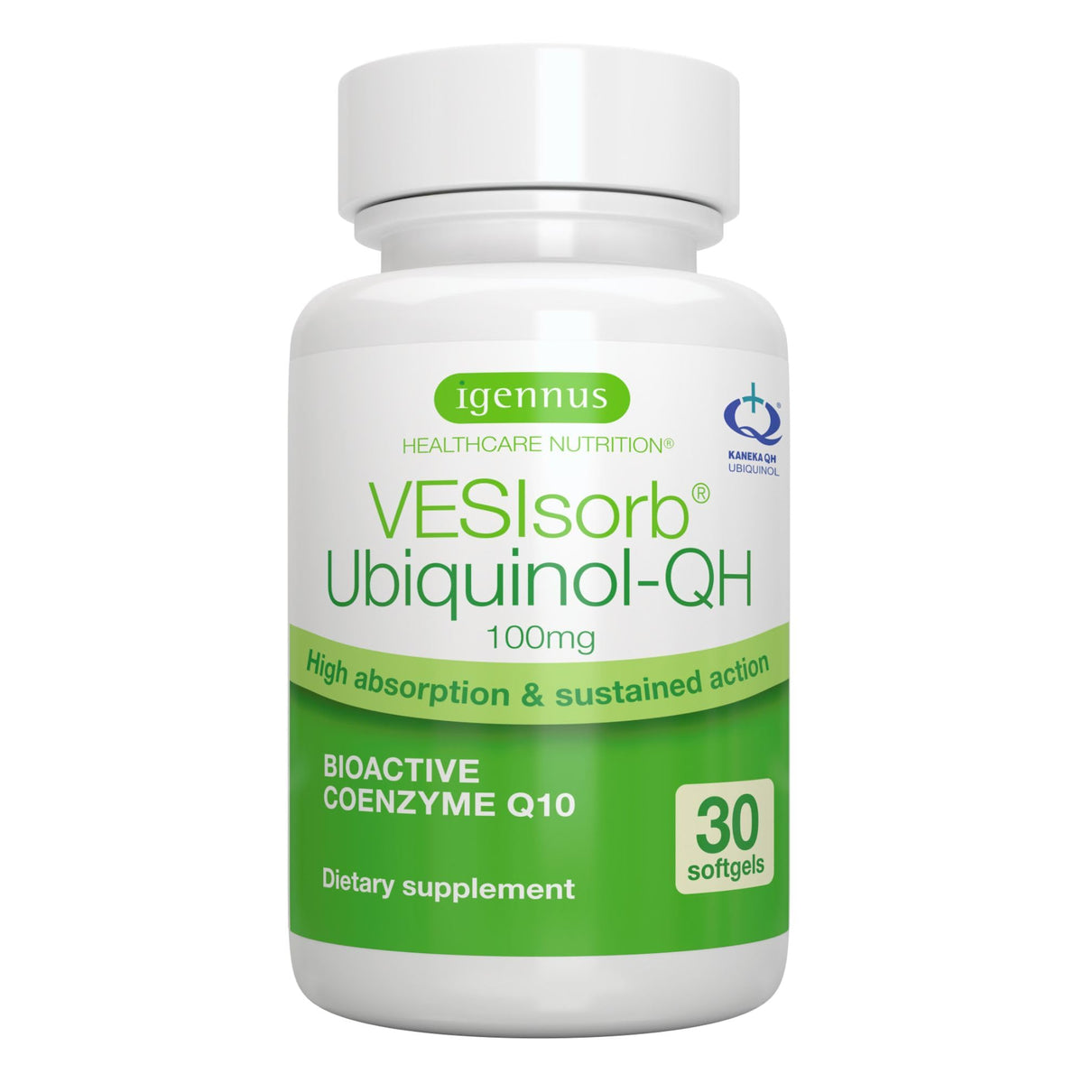Flacon Igennus VesIsorb ubiquinol 100 mg, biodisponibilité élevée.