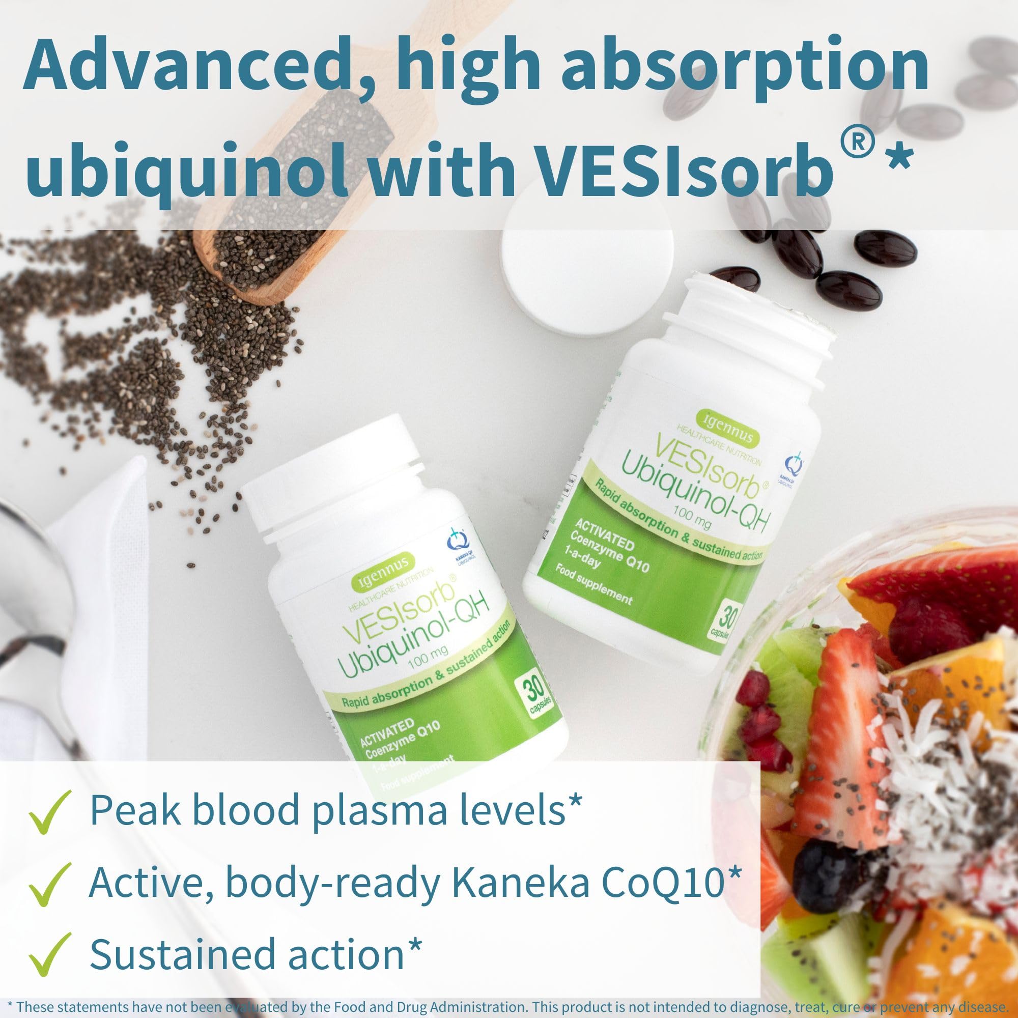 Gélules Igennus VesIsorb ubiquinol 100 mg, prise facile et énergie potentielle.