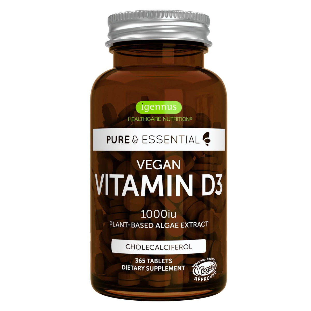 Igennus Vitamin D3 Végan 1000UI — tablettes dans une bouteille, soutien potentiel au système immunitaire