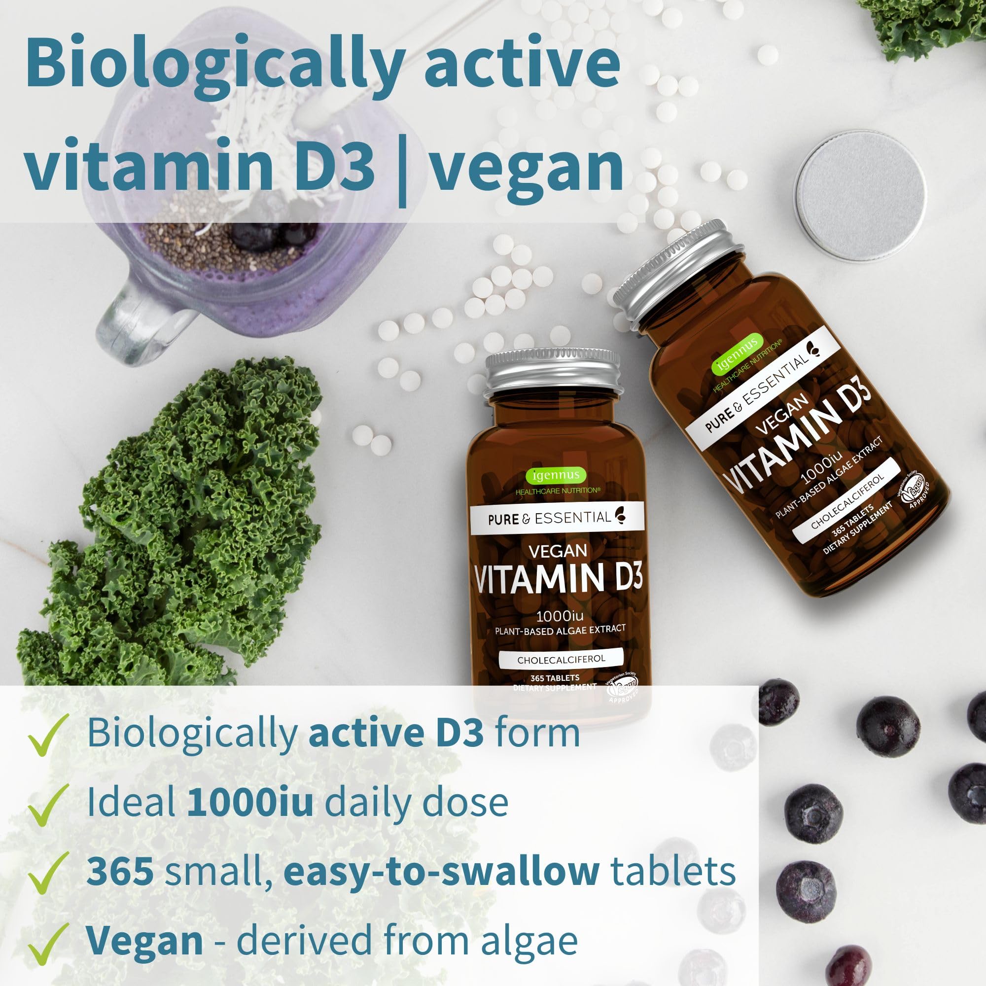 Igennus Vitamin D3 Végan 1000UI — comprimés compacts faciles à avaler au quotidien