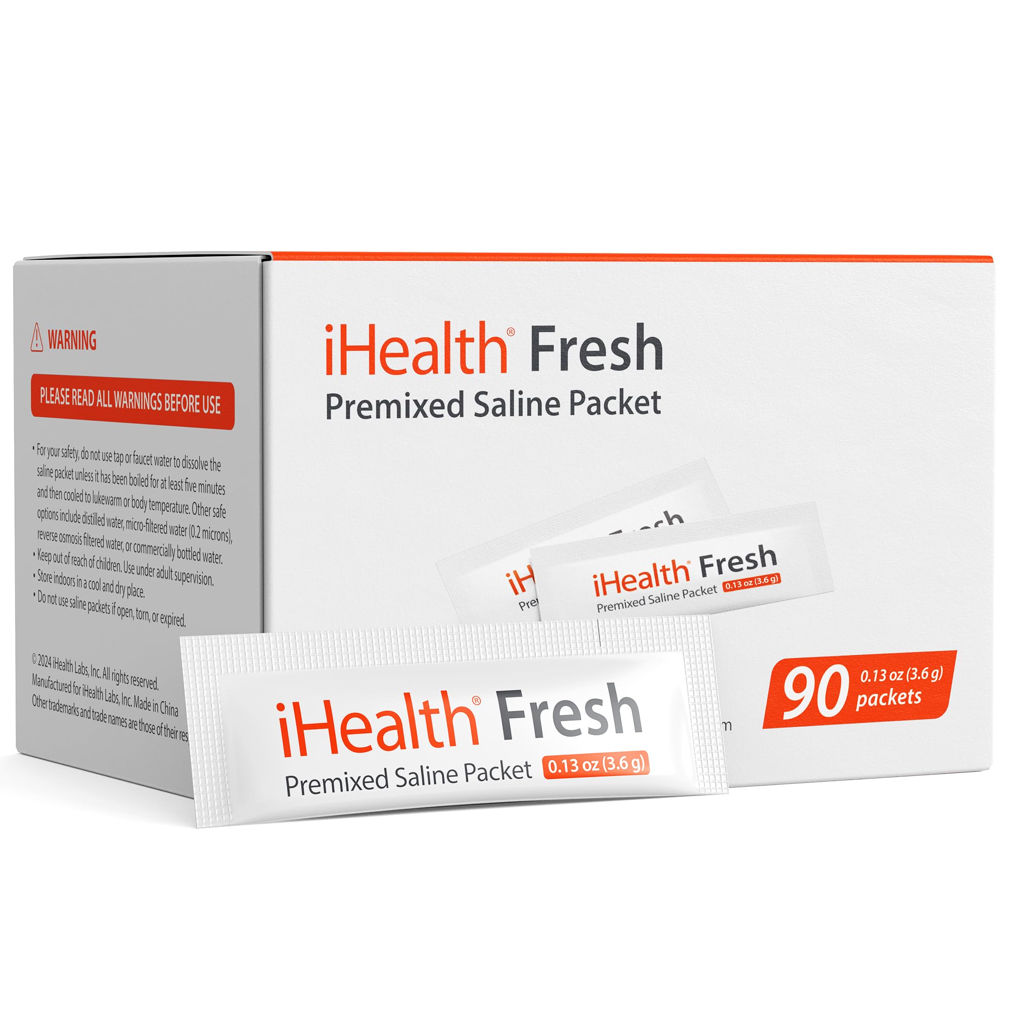Sachets solution saline iHealth prêts à l'emploi pour rinçage nasal.
