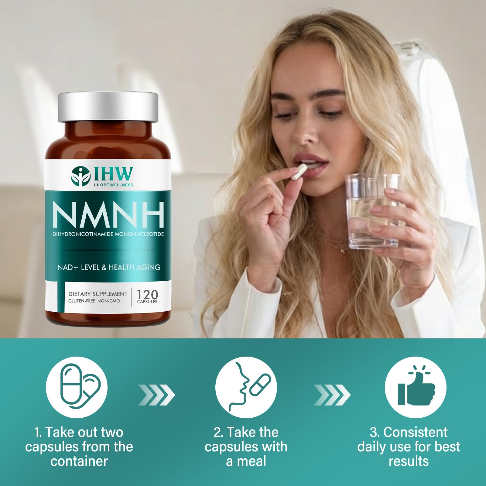 Capsules NMNH IHW—prise quotidienne facile à intégrer dans la routine.