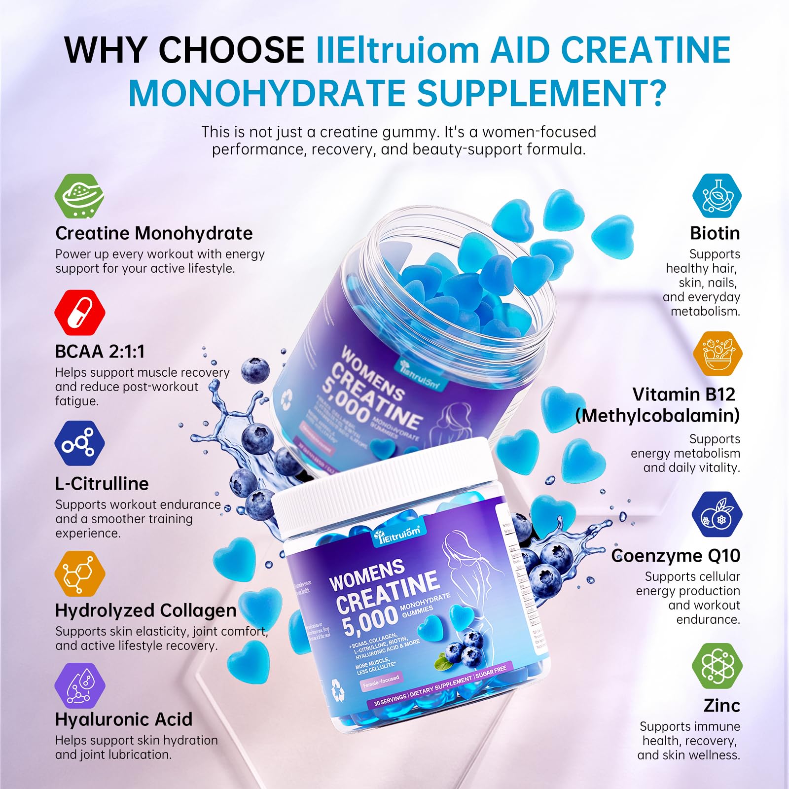 IIEltruiom gommes pré-entraînement saveur myrtille pour énergie rapide.