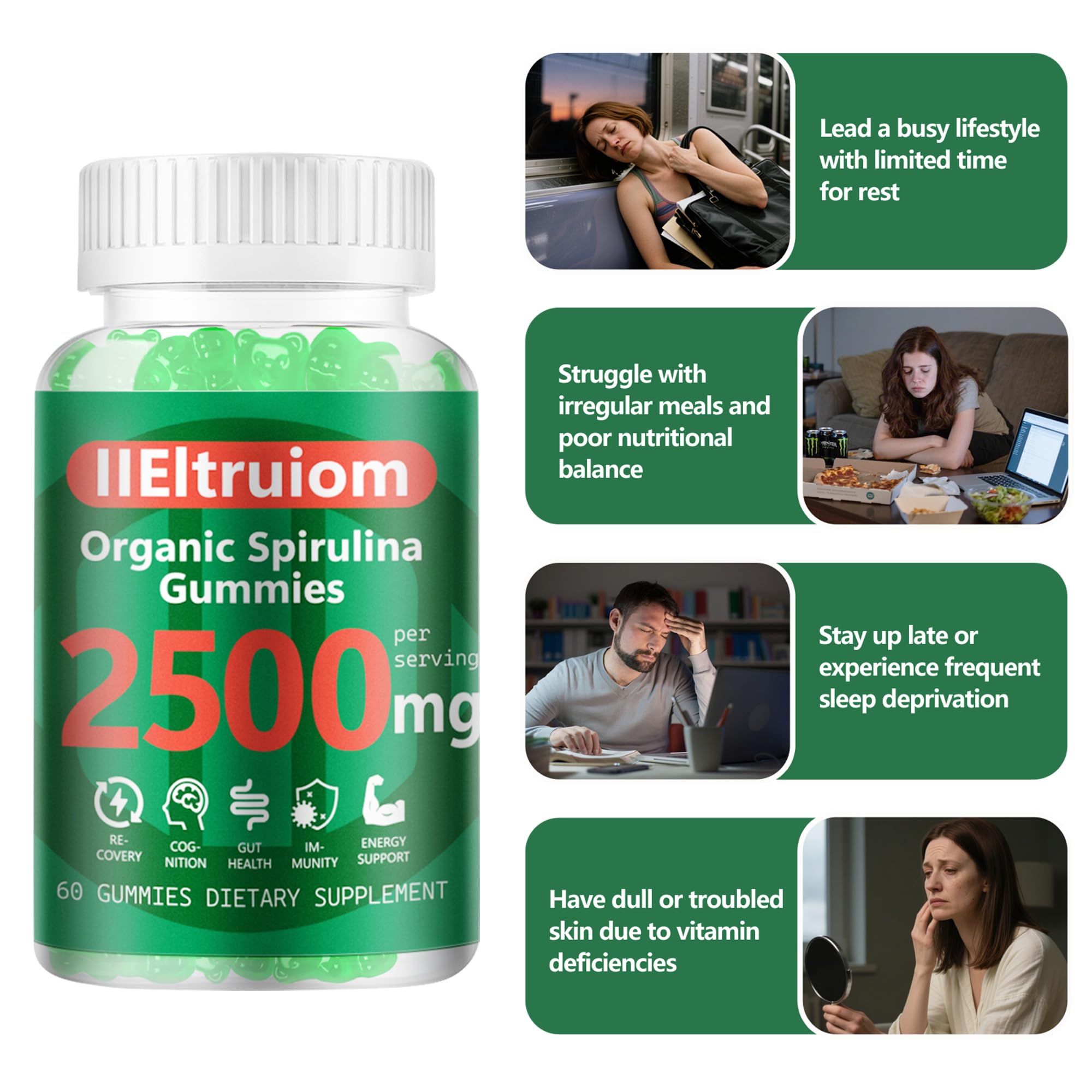 IIEltruiom: gommes spiruline avec vitamines et minéraux soutenant l’immunité.