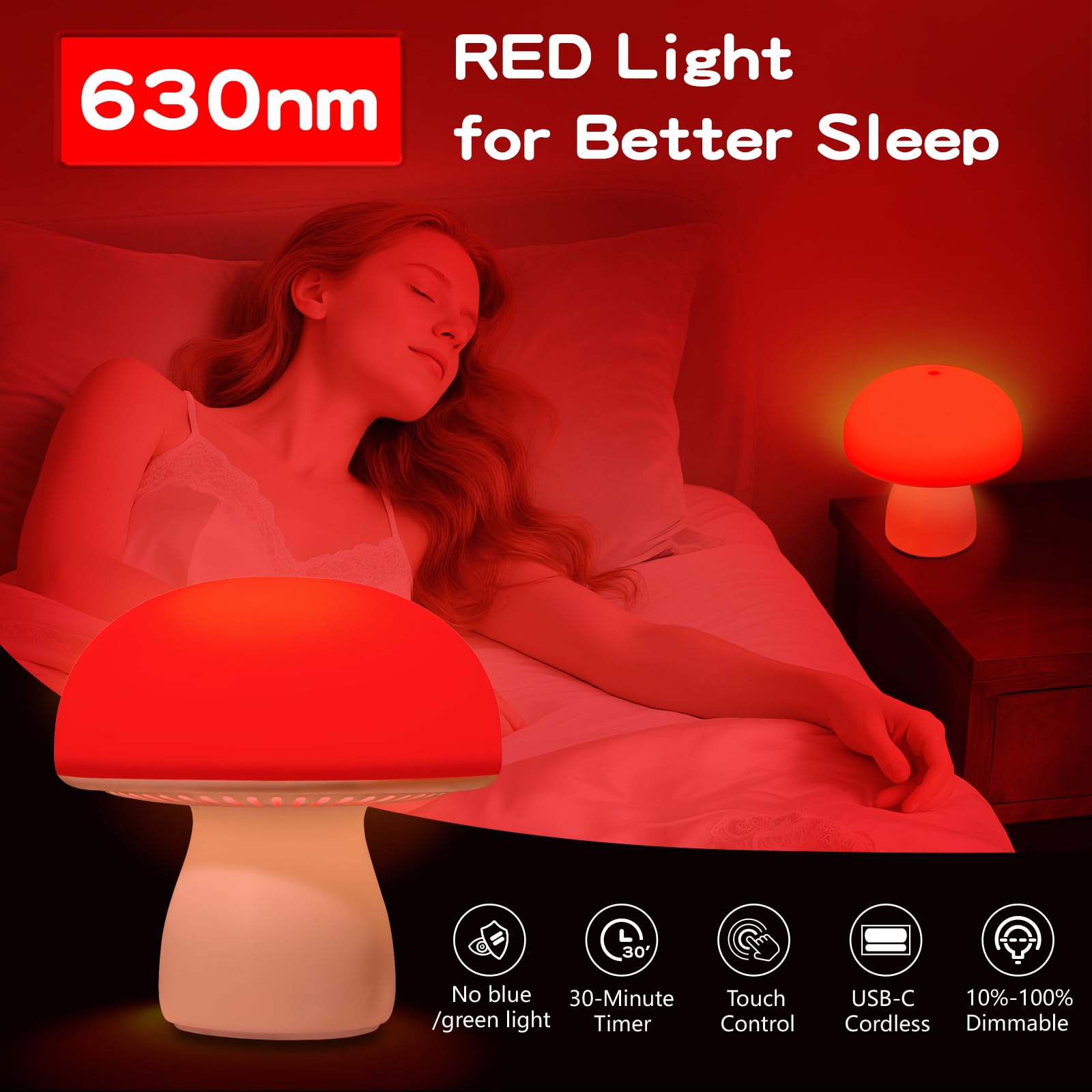 Illuwise lampe champignon rouge avec intensité reglable pour sommeil et détente