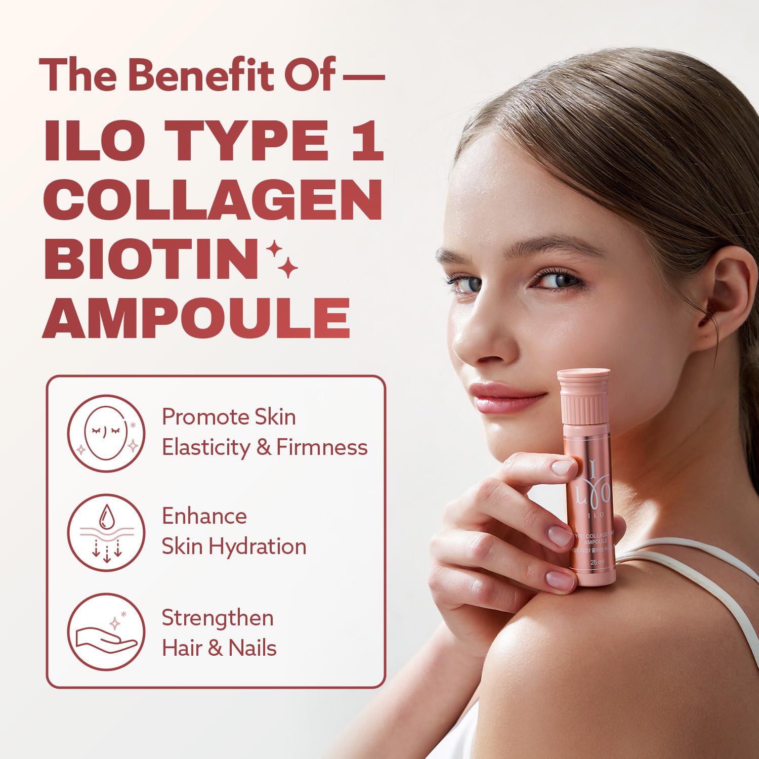 ILO Type 1 avec hyaluronique et biotine pour hydratation et éclat.