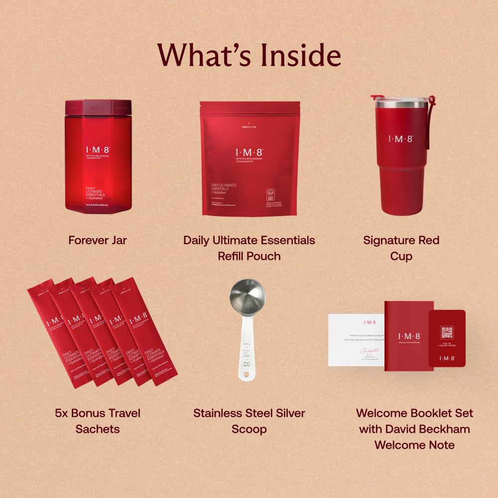 IM8 Daily Ultimate Essentials gobelet inclus: hydratation pratique tout au long de la journée.