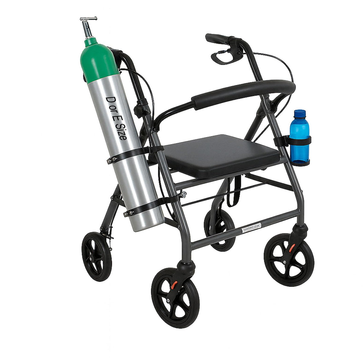 Joymaney – Support de bouteille d'oxygène pour déambulateur, rollator et fauteuil roulant – Compatible bouteilles D et E – Armature en acier avec sangles et porte-gobelet – Installation facile pour tubes 25 à 28,6 mm