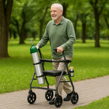 Joymaney – Support de bouteille d'oxygène pour déambulateur, rollator et fauteuil roulant – Compatible bouteilles D et E – Armature en acier avec sangles et porte-gobelet – Installation facile pour tubes 25 à 28,6 mm