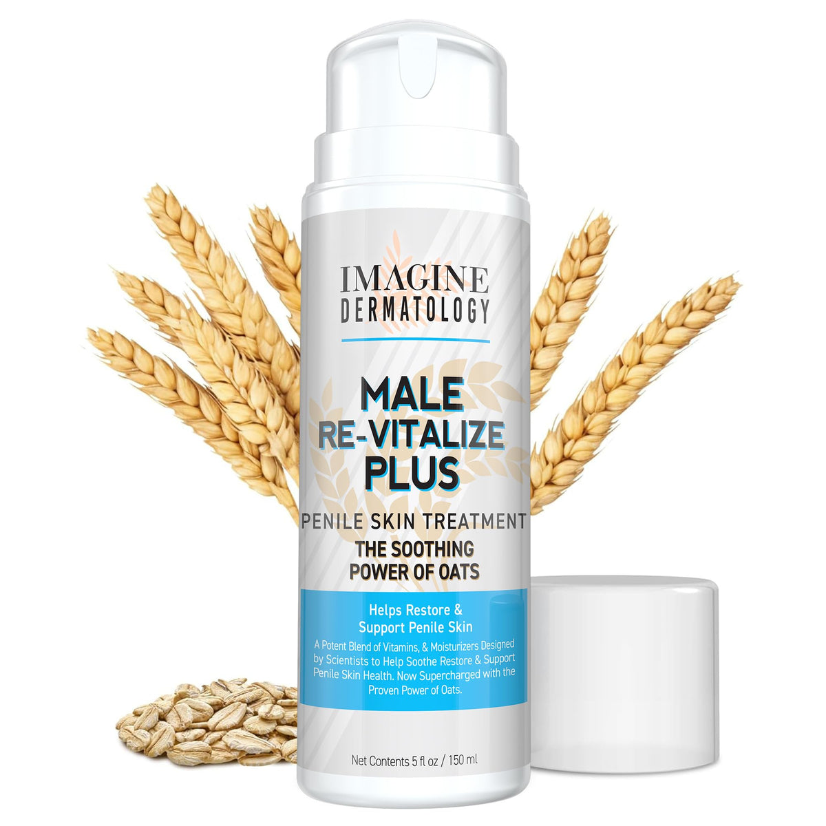 Imagine Dermatology Male Re-Vitalize Plus: flacon crème à l’avoine pour hydratation pénienne en douceur.
