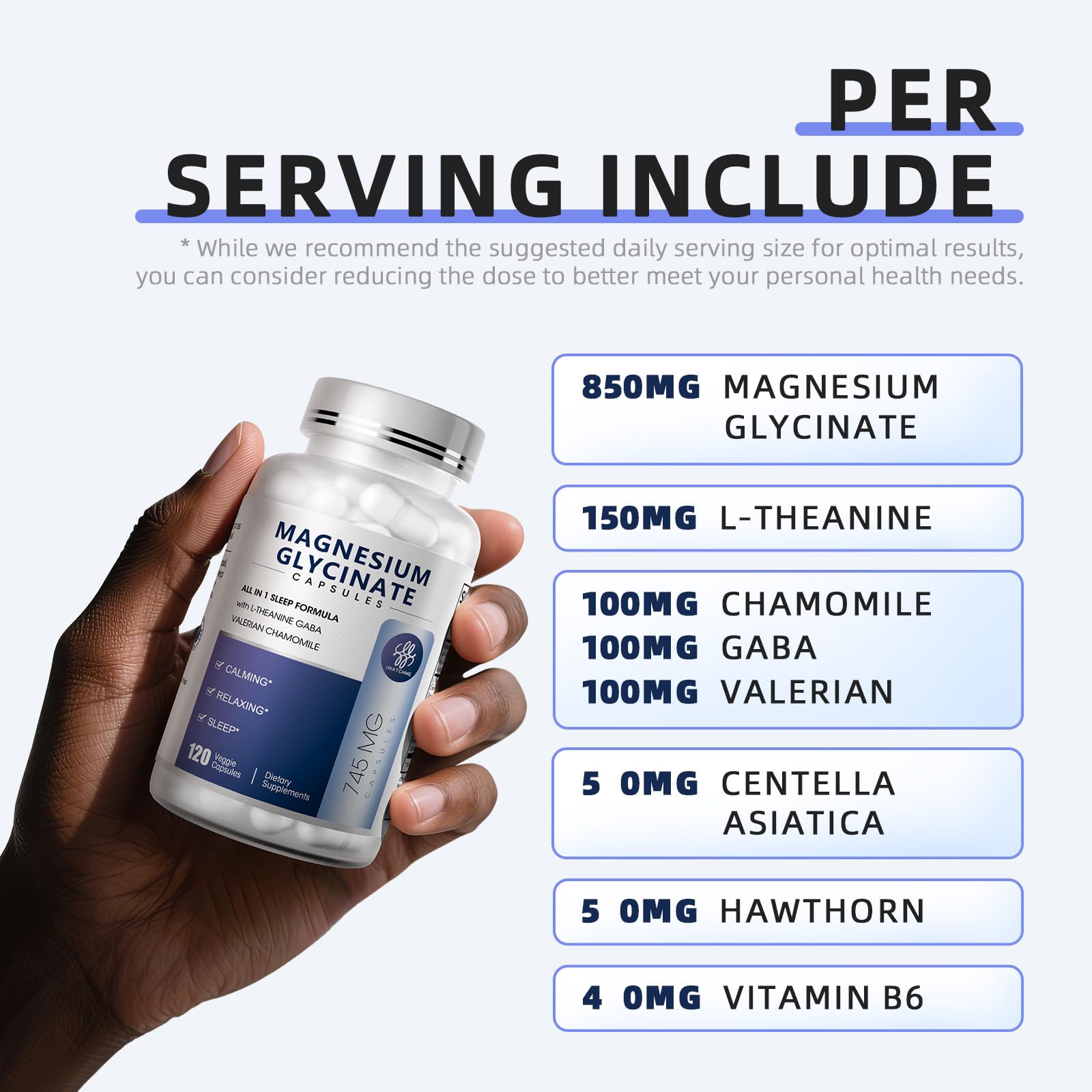 iMATCHME L-Theanine en capsules, soutien potentiel à la détente nocturne et au calme.