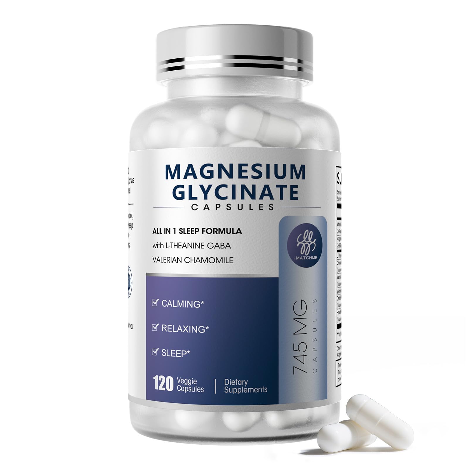 iMATCHME magnésium glycinate 850 mg dans une bouteille, capsules faciles à avaler pour le quotidien.