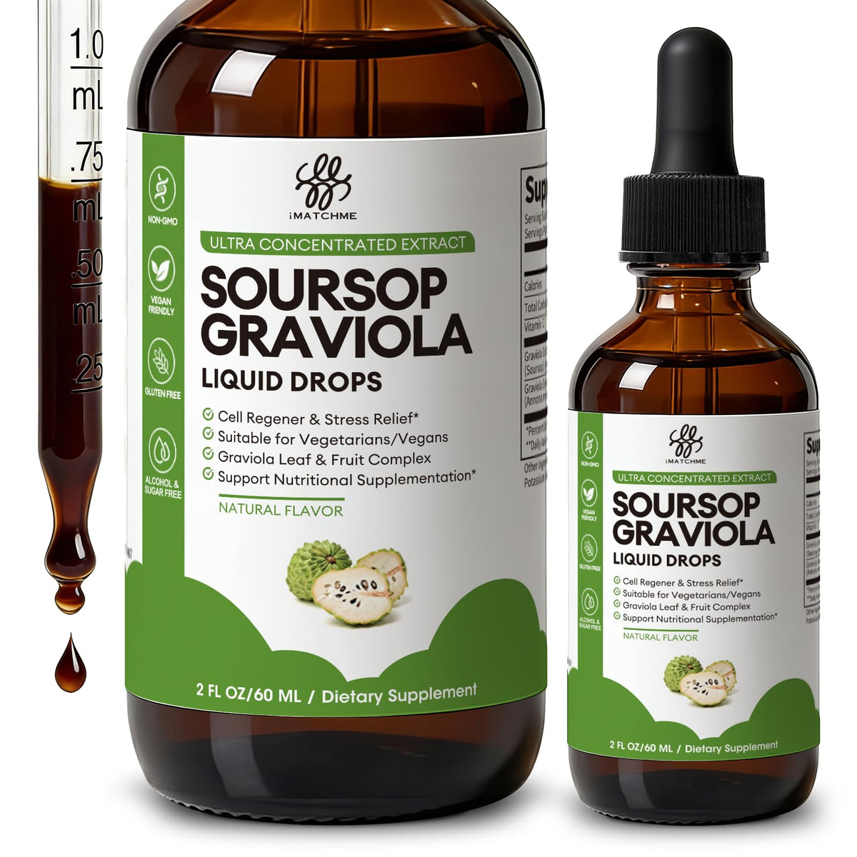iMATCHME Soursop Graviola — bouteille-gouttes pour dosage quotidien pratique.
