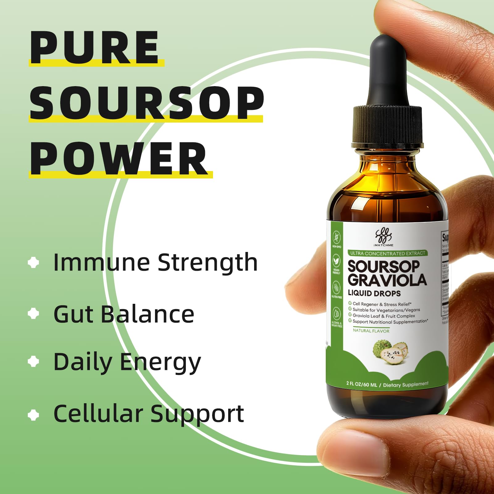 iMATCHME Soursop Graviola — etiquette-produit affichant ingrédients naturels.