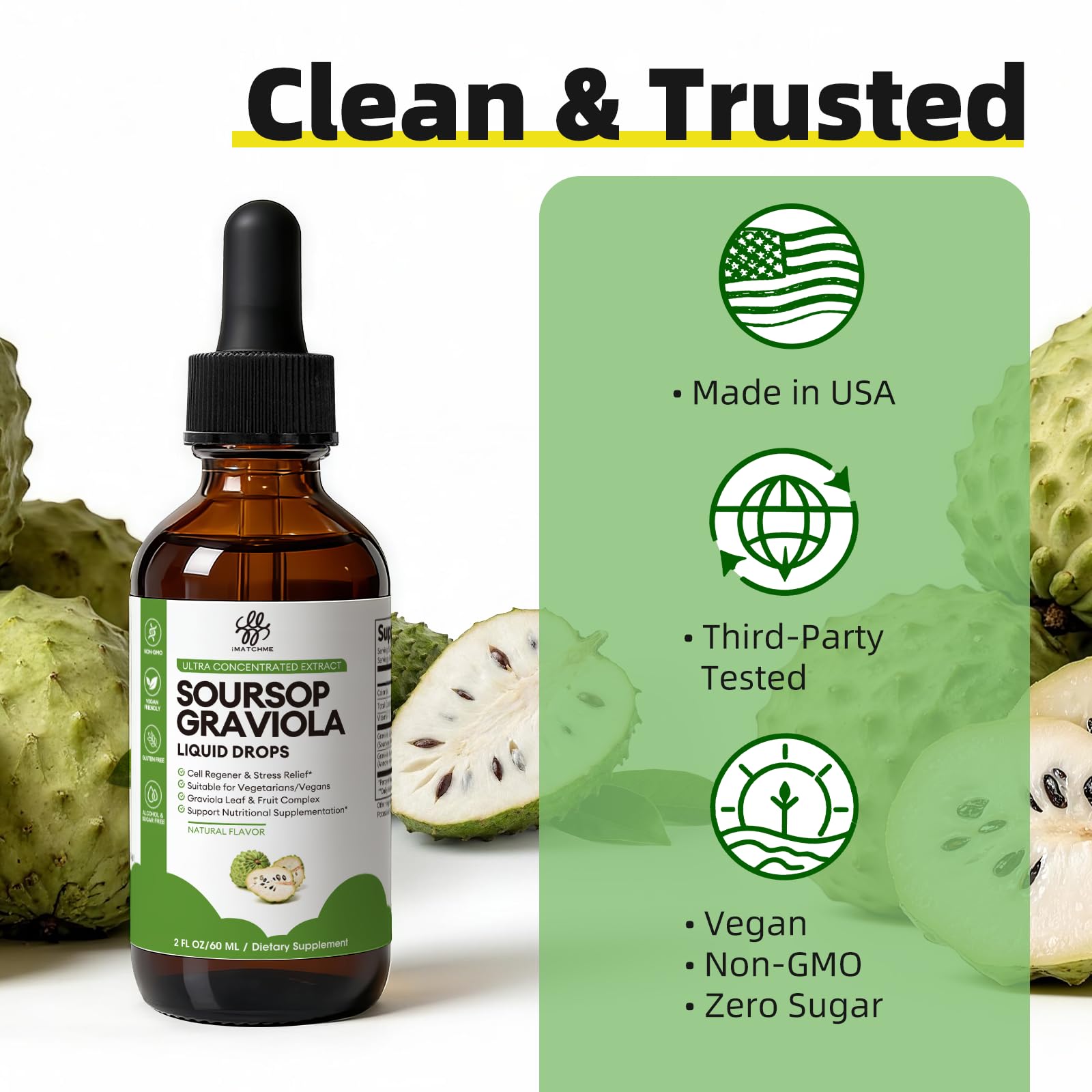 iMATCHME Soursop Graviola — produit vegan et sans gluten pour divers régimes.