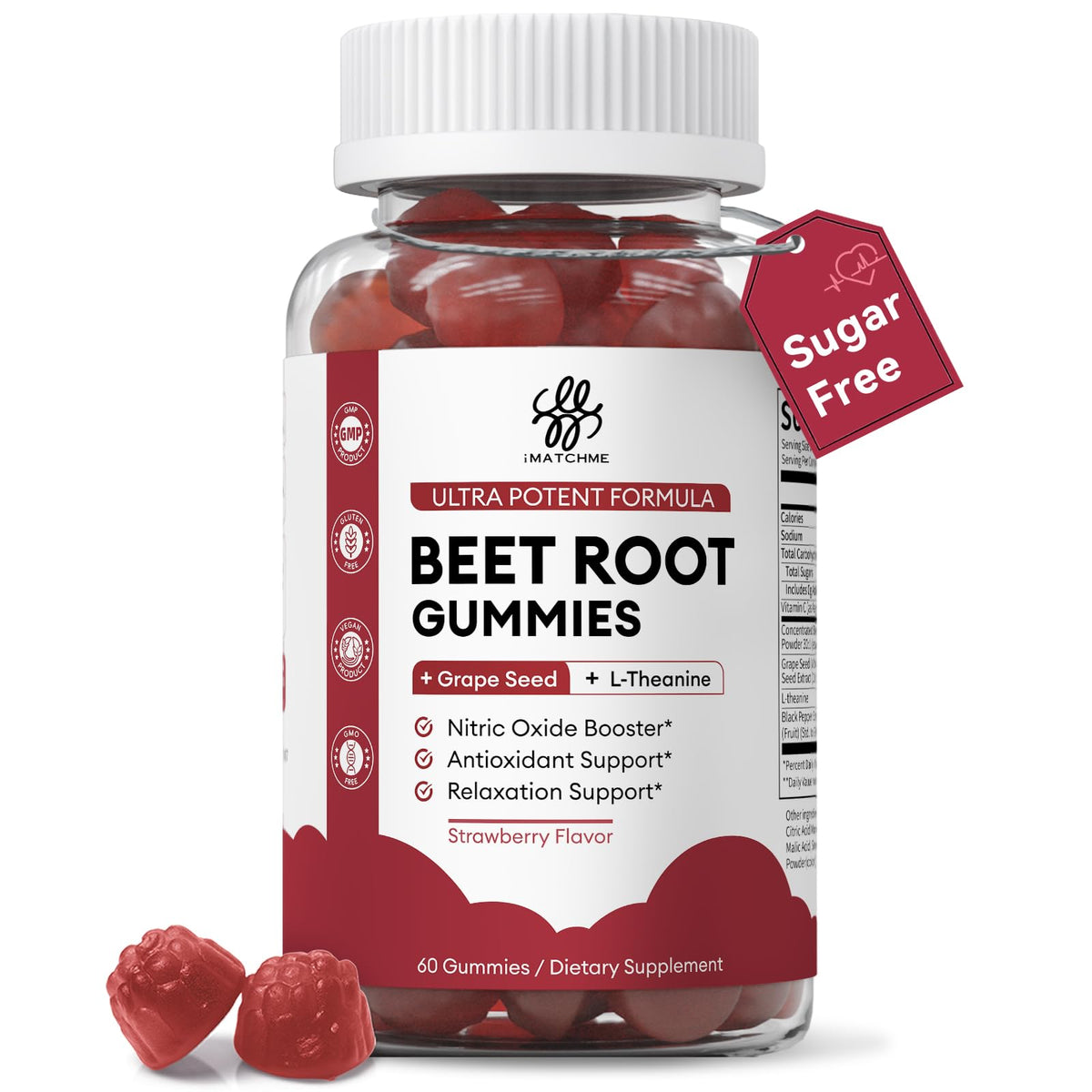 iMATCHME Betterave Gummies montrant la bouteille et le format pratique