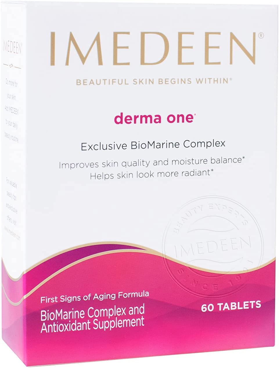 Imedeen Derma One – bouteille montrant une peau hydratée et rayonnante