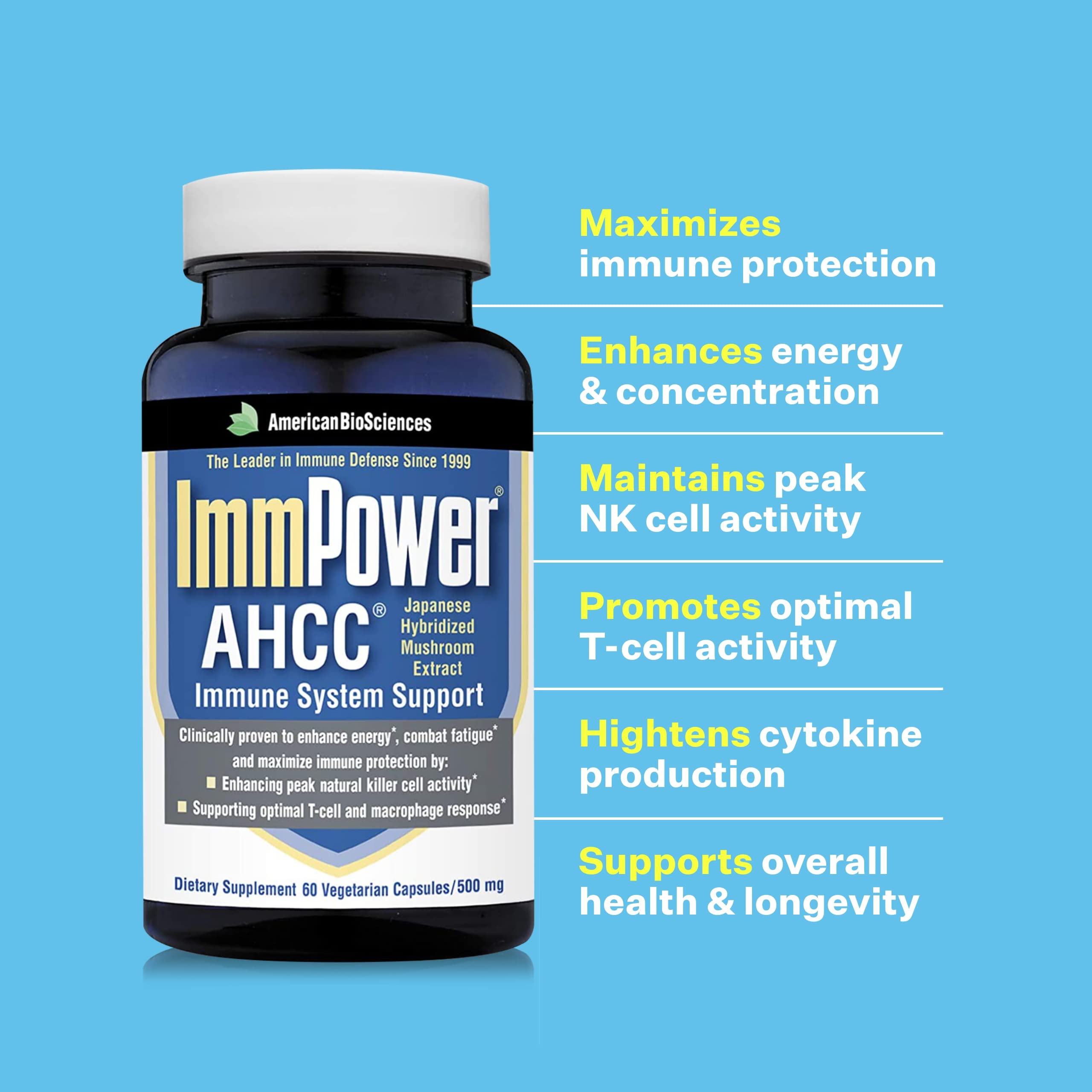 Ingrédients AHCC ImmPower mis en avant pour l'action potentielle sur les défenses.