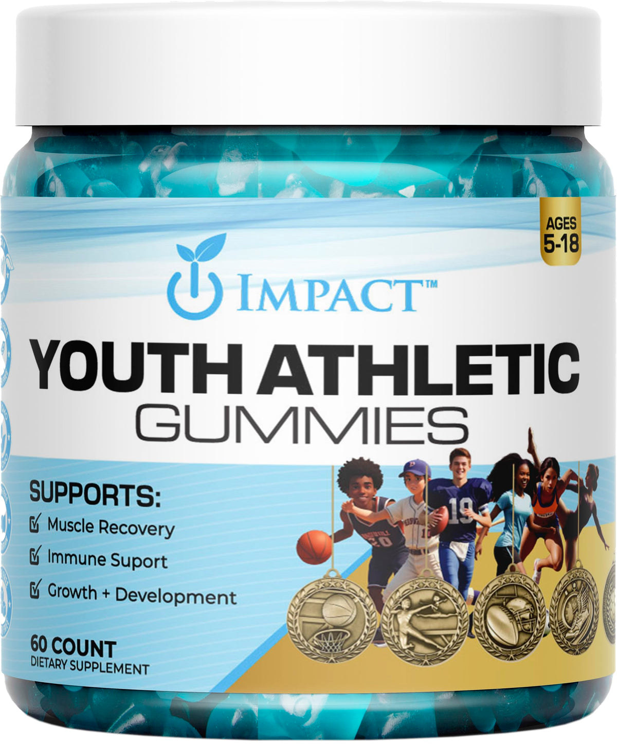 Gommes IMPACT jeunesse athletique en bouteille, soutien énergie quotidien pour enfants