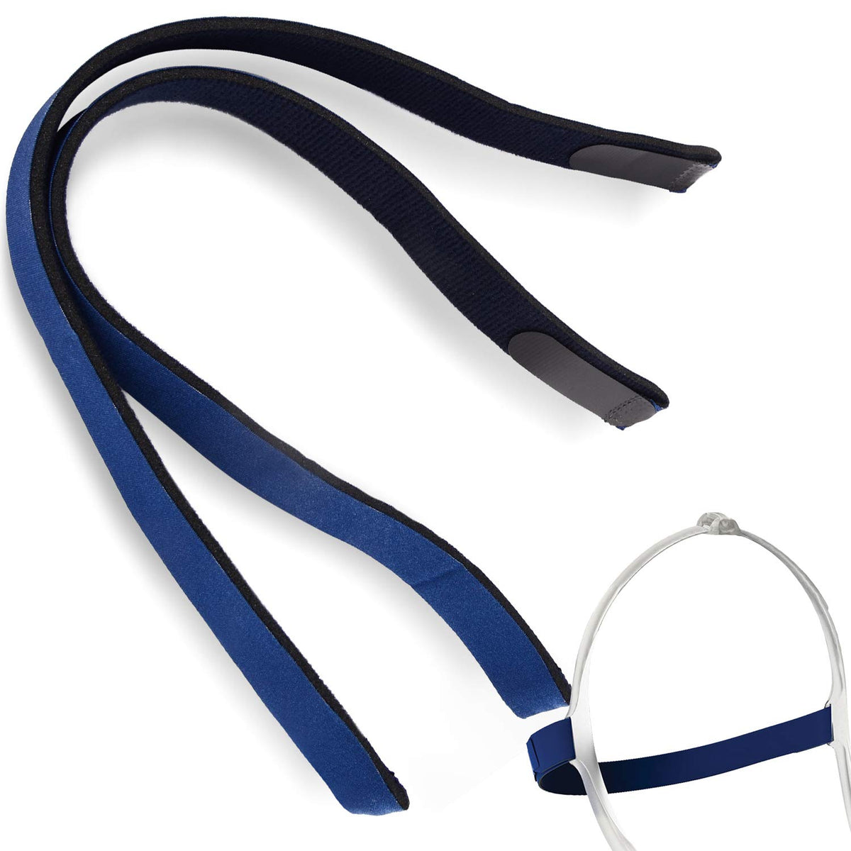 Sangles harnais nasal IMPRESA bleues compatibles ResMed Swift FX pour un maintien sûr.