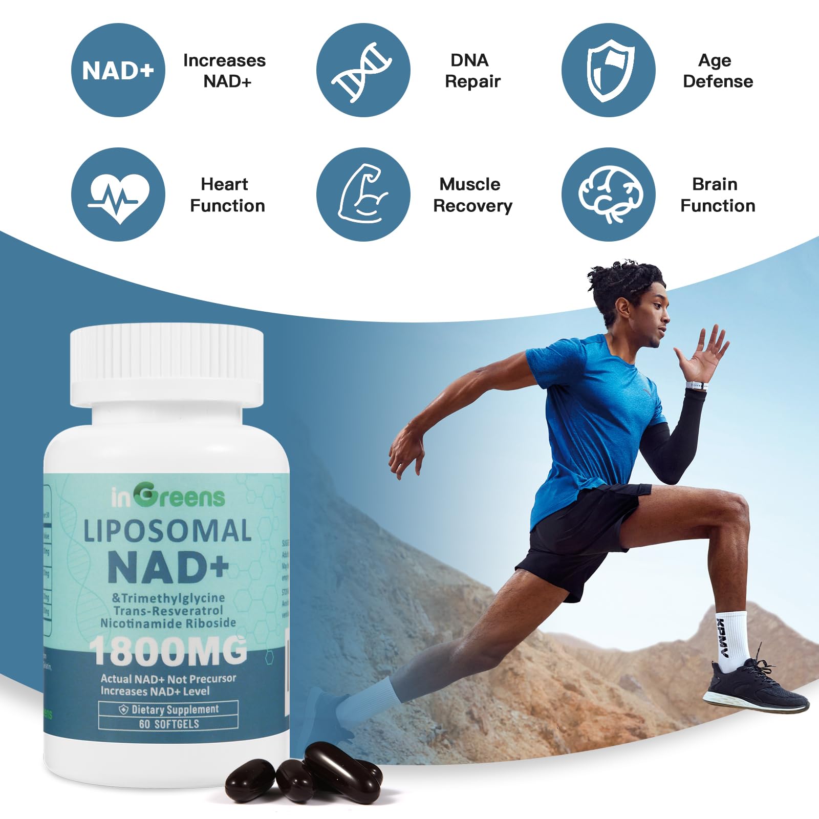 inGreens Liposomal NAD+ 1800 mg - bouteille et verre d'eau pour une utilisation simple