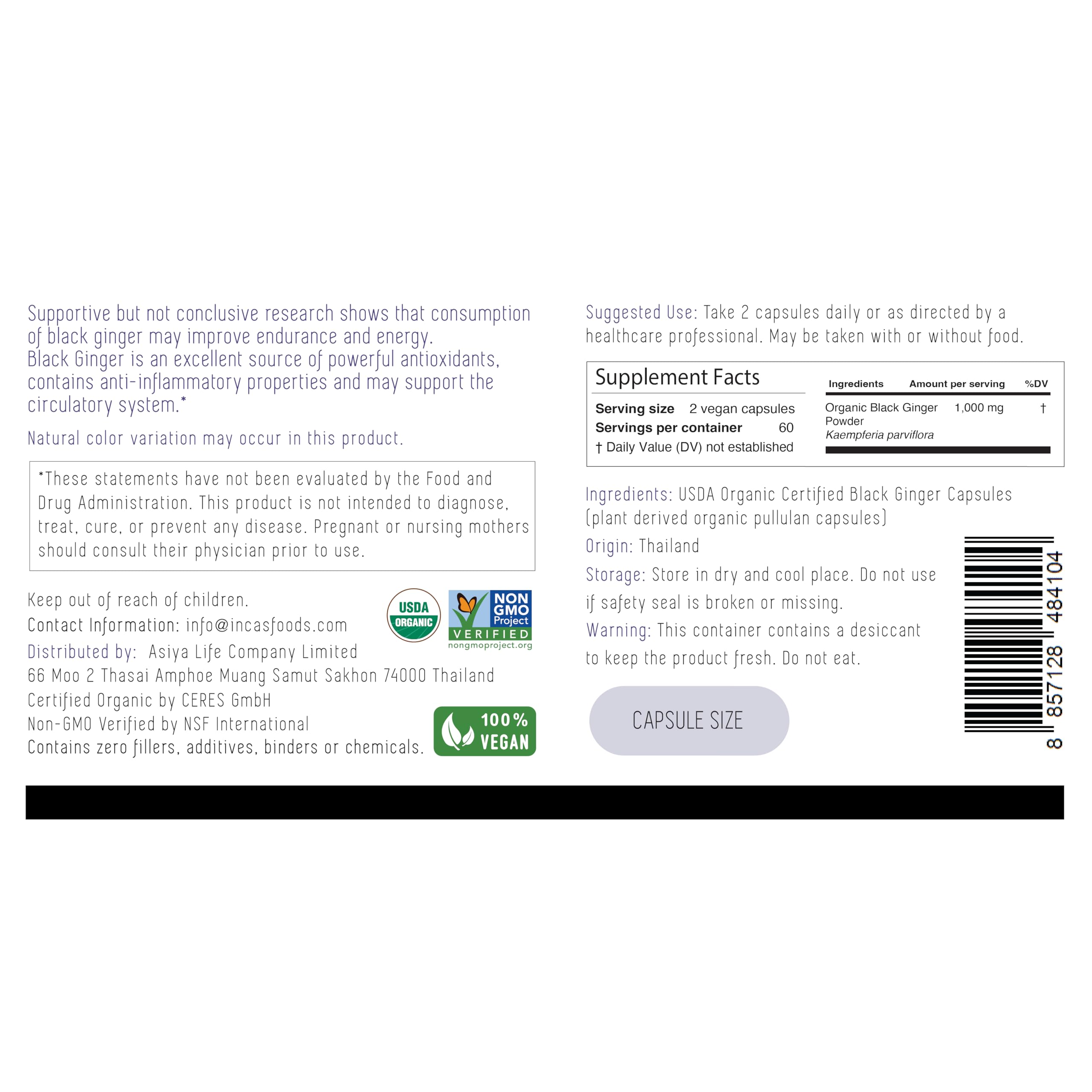 Incas Gingembre noir thaï – emballage et certification biologique