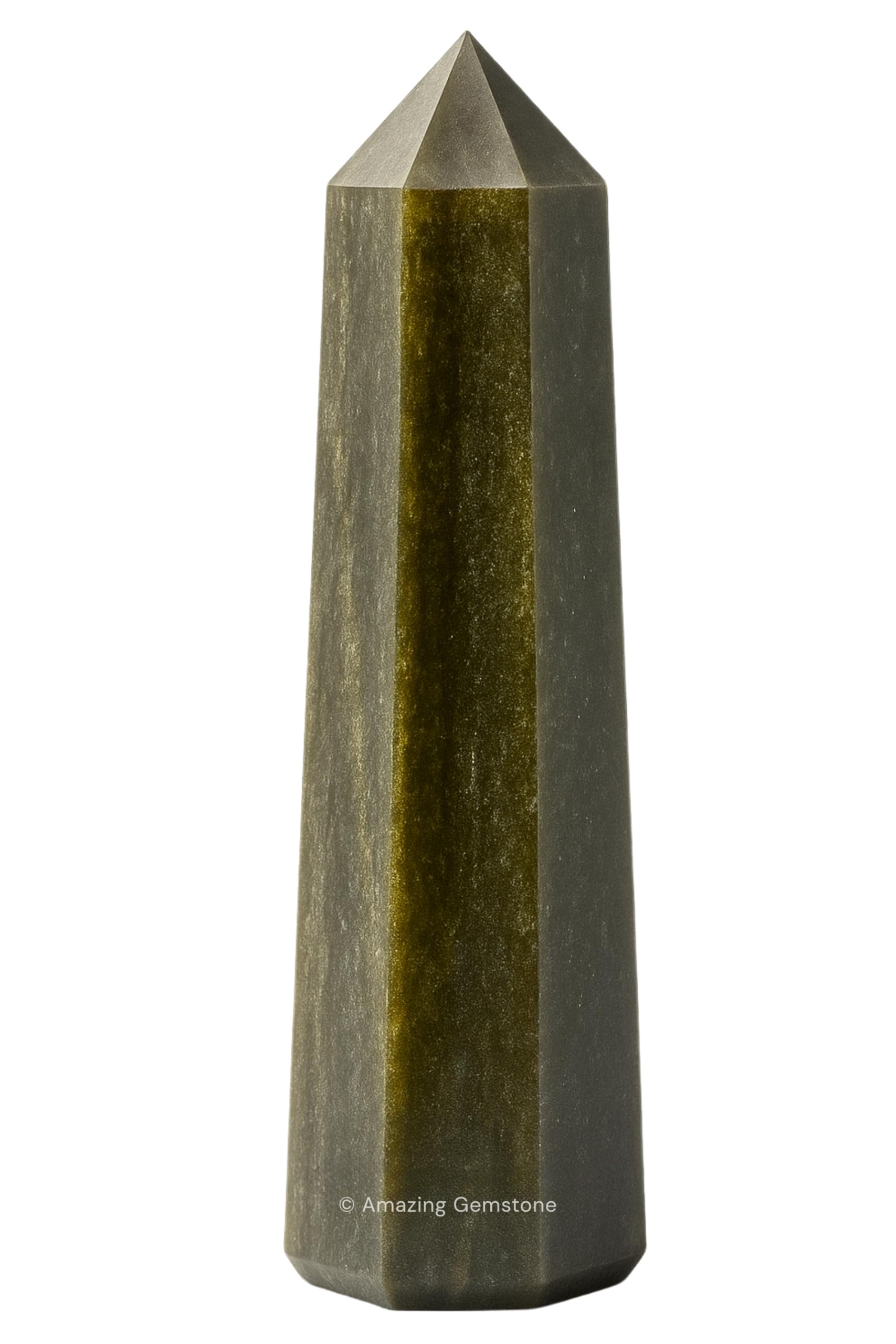 Tour obsidienne doree avec pointe pour focaliser l'energie et purifier l'espace.
