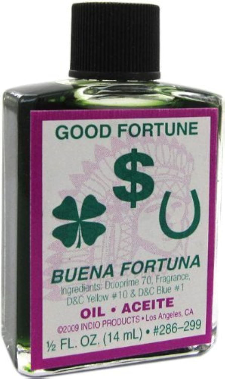 INDIO Bonne Fortune huile, bouteille 15 ml, utilisation rituelle pratique et portable.