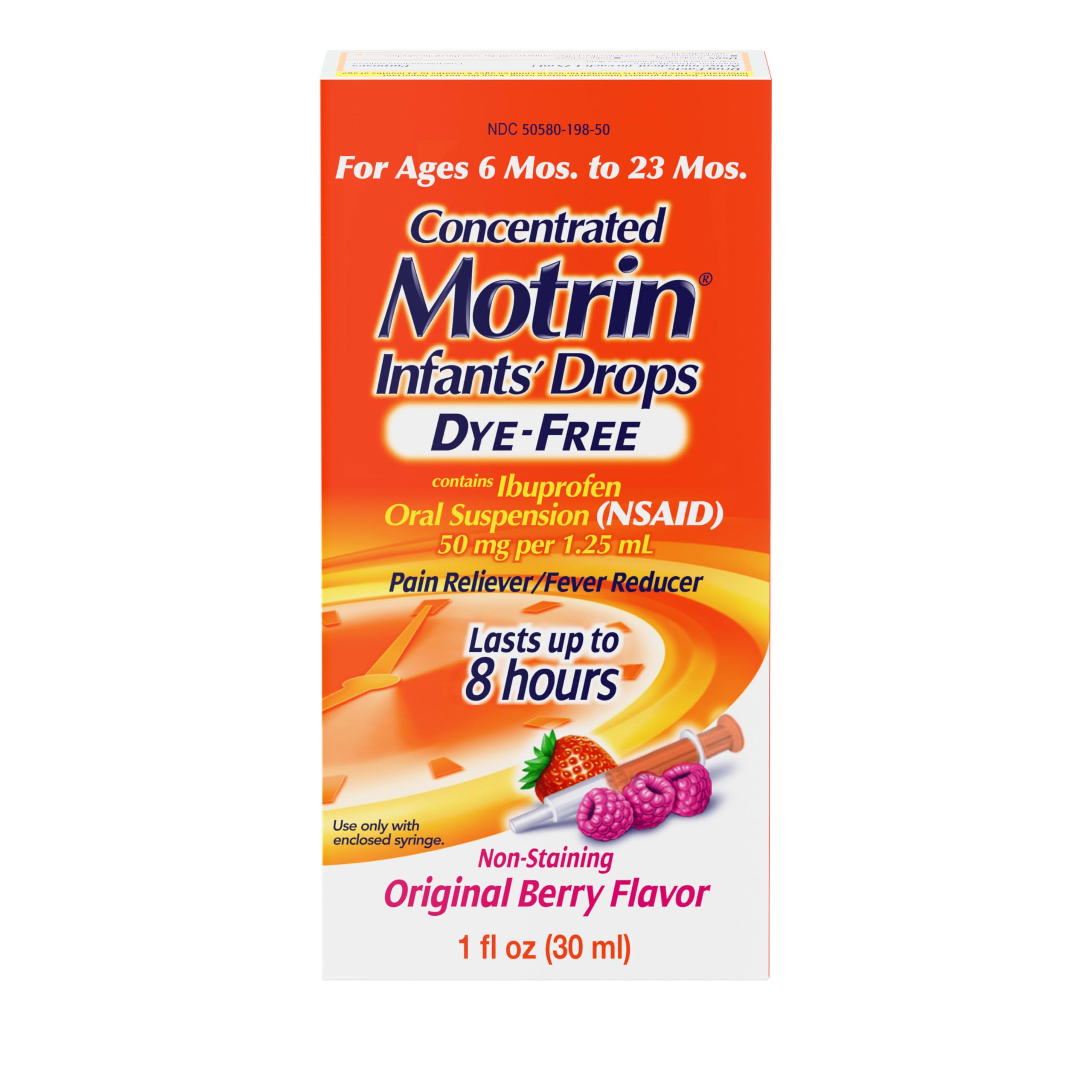 Motrin Infants en flacon 1oz saveur framboise, pour réduction temporaire fièvre et douleur