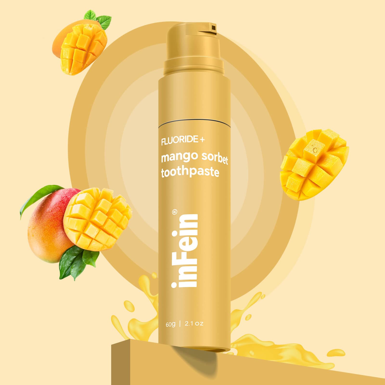 inFein dentifrice Mangue Sorbet - présentation sur table, idéal pour démarrer une matinée tropicale.