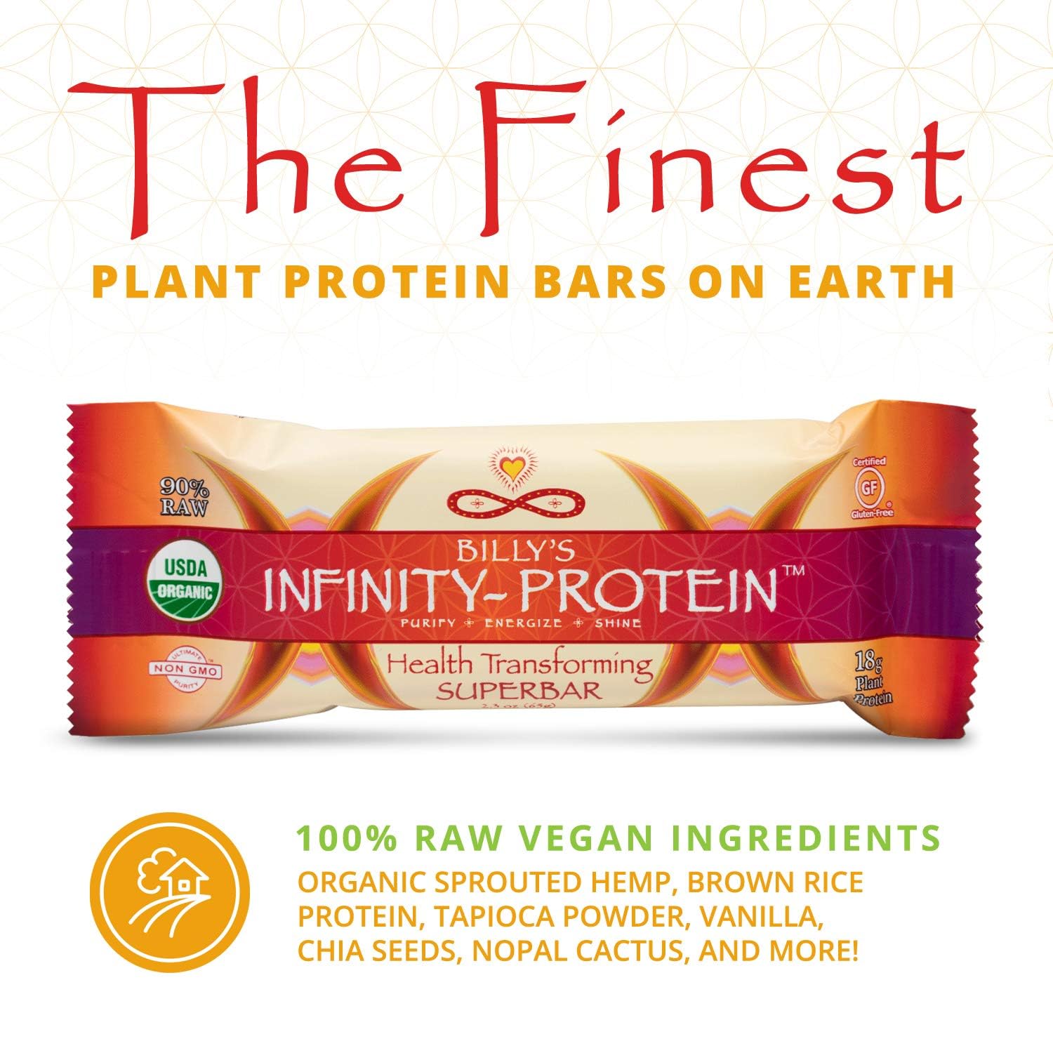 Ingrédients Billy's Infinity Barres: protéines végétales et superaliments pour énergie.